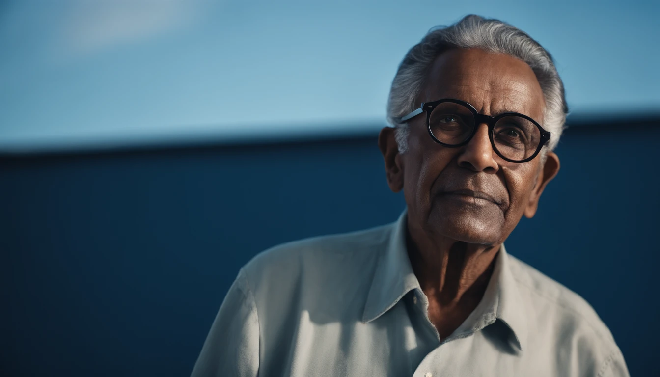 portrait of an elderly brown-skinned man with black hair, wearing round glasses and a blue shirt, on a simple blue background, depth of field, super detail, photographed with a Leica Camera AG Leica M10, 50 mm lens