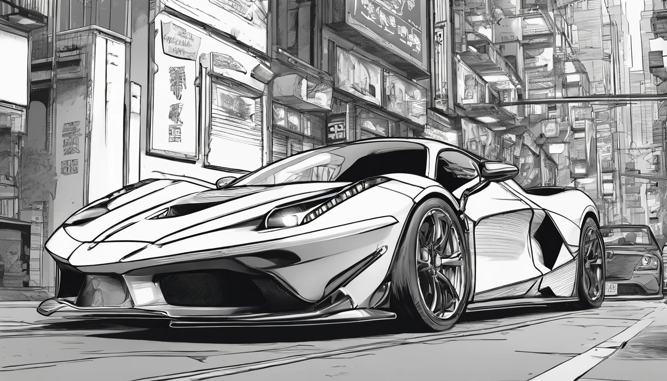 best quality, masterpiece, photo, 4K, photorealistic, highly detailed, La Ferrari, techwear, cyberpunk city, solo, futuristic, black and white, by Akira Toriyama, ((1:3 ratio object:background))