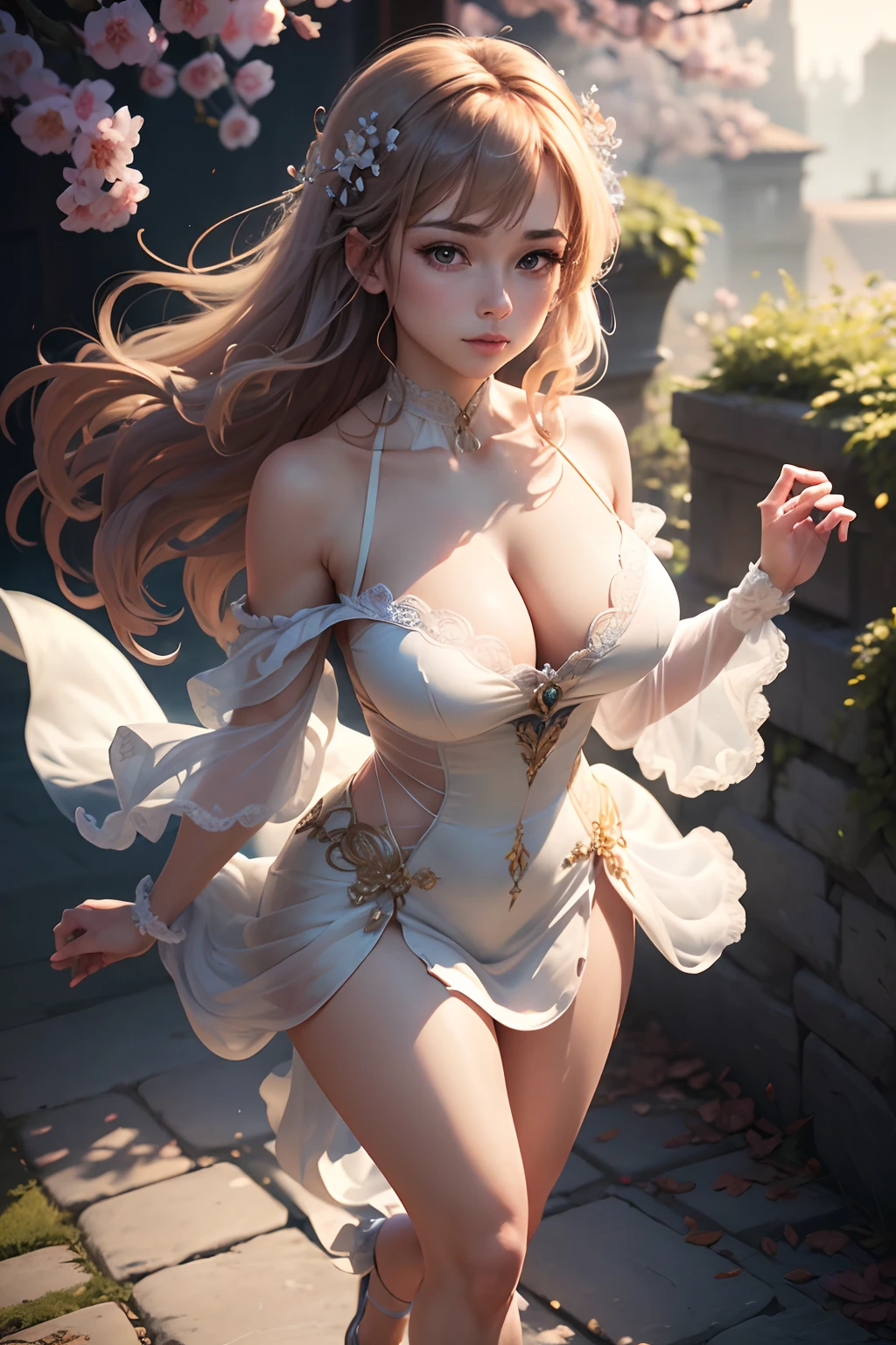 {{{masterpiece}, }}, {extremely detailed CG unity 8k wallpaper}, Amazing, finely detail, solo, {{floating hair}, }, {{Sakura}, }, outdoors, sky, {{wind}, }, detailed background, beautiful detailed eyes, see-through:evening dress:0.3, cleavage, bright pupils, {{full body}, }, dynamic pose, dynamic angle, cleavage, looking at viewer, detailed clothes, cinematic lighting, close-up, best quality