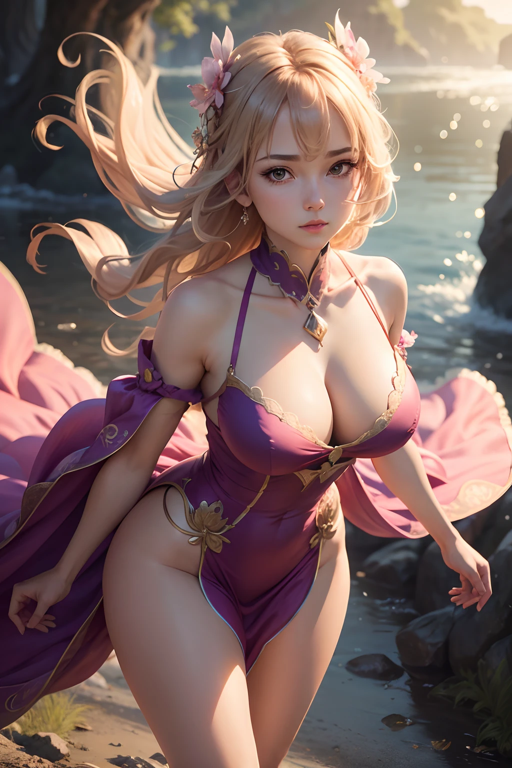 {{{masterpiece}, }}, {extremely detailed CG unity 8k wallpaper}, Amazing, finely detail, solo, {{floating hair}, }, {{Sakura}, }, outdoors, sky, {{wind}, }, detailed background, beautiful detailed eyes, see-through:evening dress:0.3, cleavage, bright pupils, {{full body}, }, dynamic pose, dynamic angle, cleavage, looking at viewer, detailed clothes, cinematic lighting, close-up, best quality