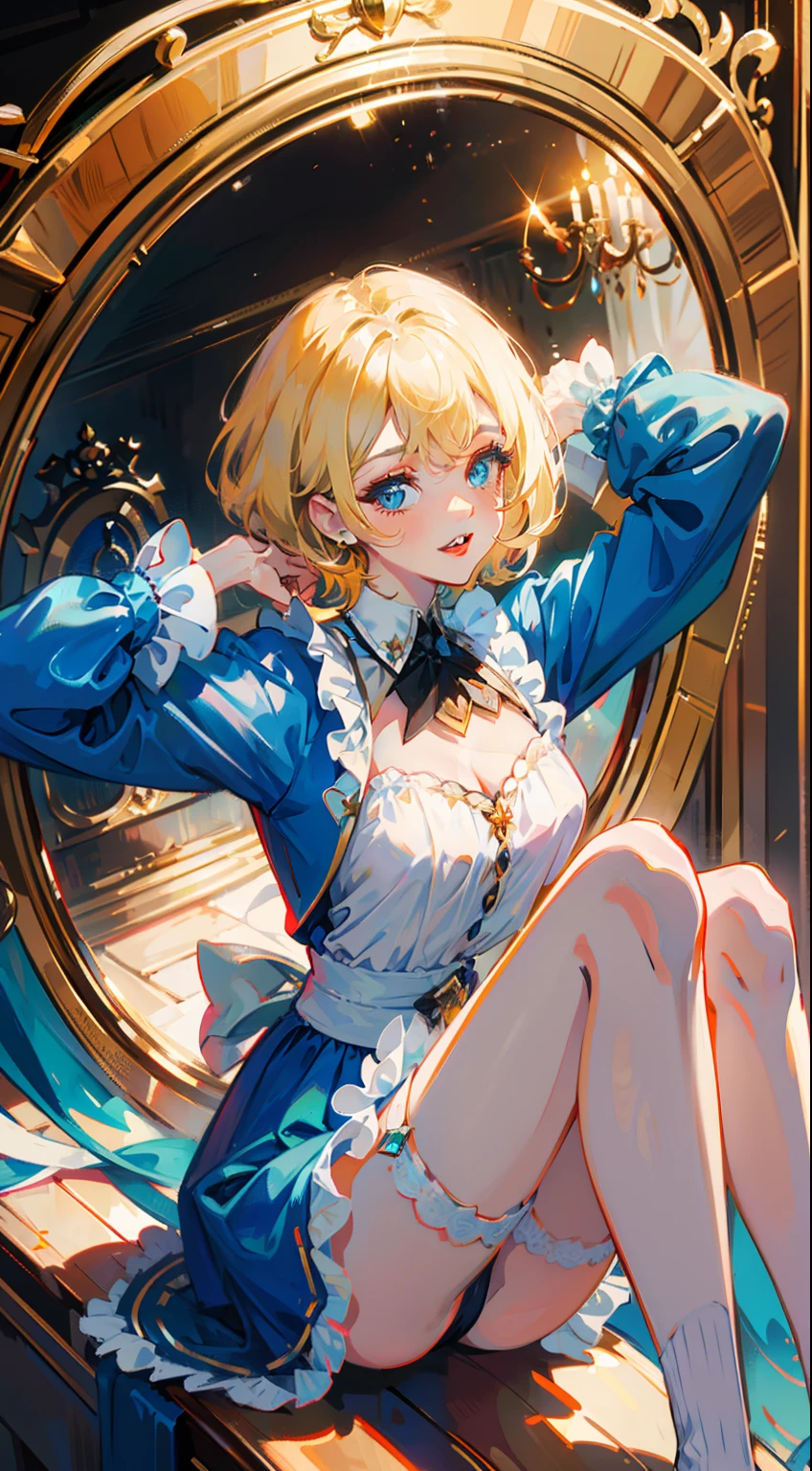 ( superior quality, portraits, masterpieces, 8K wallpapers:), girl with short wavy blonde hair (((SHORT HAIR))), alice in wonderland as a seductive bimbo. Feet and legs in white sheer stockings. Blue dress. Blonde hair. Blue hair band. Beautiful makeup face.
As a ite body like a prehe is laughing, with a big smile. Rose red lips. Golden eyeshadow. Glowing blue eyes.