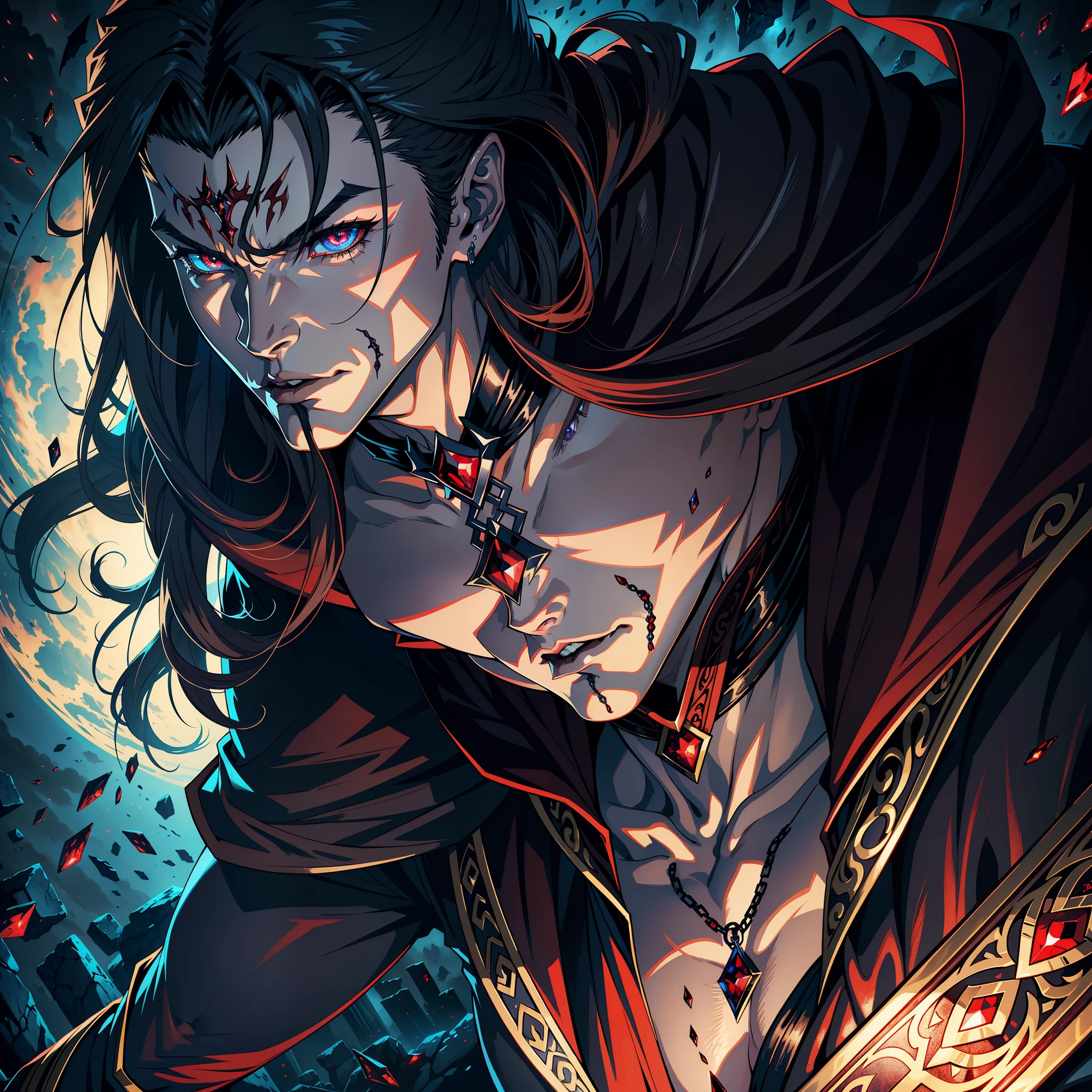 Castlevania Shadow Lord hyper realistic super detailed portrait face of handsome muscular Lord Dracula cry sadness expression portrait portrait sexy eyes mouth red crystal eyes hyper realistic eyes super detailed dynamic shot centerpiece cinematic scene scenes legendary epic film body correct Anatomy correct proportions zoom face