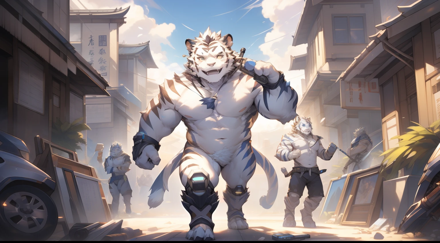 (by null-ghost, by thebigslick, By Darkgem, by Honovy), Kogenta (Onmyoji Oyamaji Temple), high-definition photograph, Perfect anatomy, Anthropomorphic white tiger, male people, 20yr old, Thick eyebrows, Light blue stripes, Strong body, large pecs, (Fully naked body:1.4), mechanical leg, Battery powered, which stands on the street, one arm raised, Bluetooth headset, Mysterious Expression, Golden pupils, Look up at the audience, Clear facial features, Strong, Solo, top views, Full body photo, street Tokyo, Noisy environment, neonlight, Decadent architecture, cyber punk perssonage, Waste soil style,