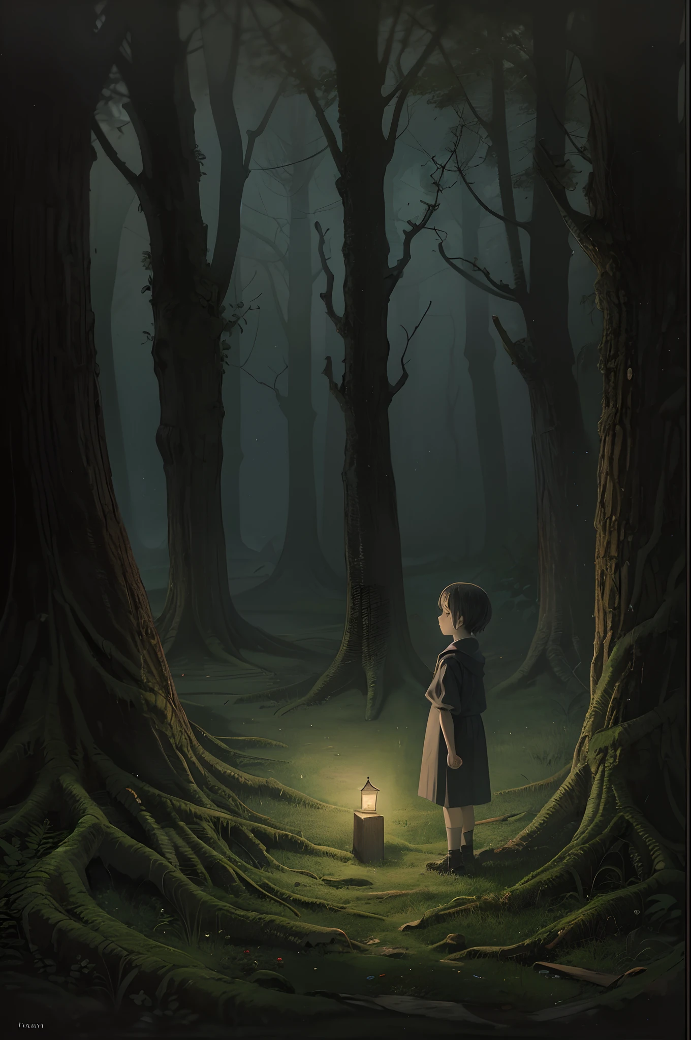 Amidst the eerie, moonlit forest, a forlorn scene unfolds. The towering trees, their branches gnarled and twisted, create a dense canopy that barely allows any moonlight to penetrate. At the center of the painting, a young *****, no more than ***************, stands alone in the heart of this foreboding woodland.

The child is dressed in simple, ragged clothing, clearly ill-suited for the sinister surroundings. In one hand, they clasp a crude, hand-carved wooden figurine, a cherished keepsake from their parents, the foresters who once roamed these woods. In the other hand, they tightly grip a dimly flickering lantern, which casts long, wavering shadows around them.

The child's face is a portrait of sadness and confusion, their eyes wide with fear and vulnerability. Strands of disheveled hair fall across their forehead, and dirt smudges mark their tear-stained cheeks. Behind the child, two dark, shadowy forms that bear an uncanny resemblance to their parents' silhouettes seem to loom menacingly.
 
The forest itself feels like an oppressive presence in this painting, with its tangled underbrush and twisted, contorted trees that seem to whisper secrets of the past. The moonlight barely illuminates the path ahead, leaving much of the surroundings shrouded in darkness and mystery.
 
The painting captures a poignant moment of loss and solitude, as the *****, orphaned and alone, navigates this eerie, spectral forest. The viewer is left to ponder the fate of the forester parents and the uncertain future that awaits the young protagonist in this haunting and melancholic setting.