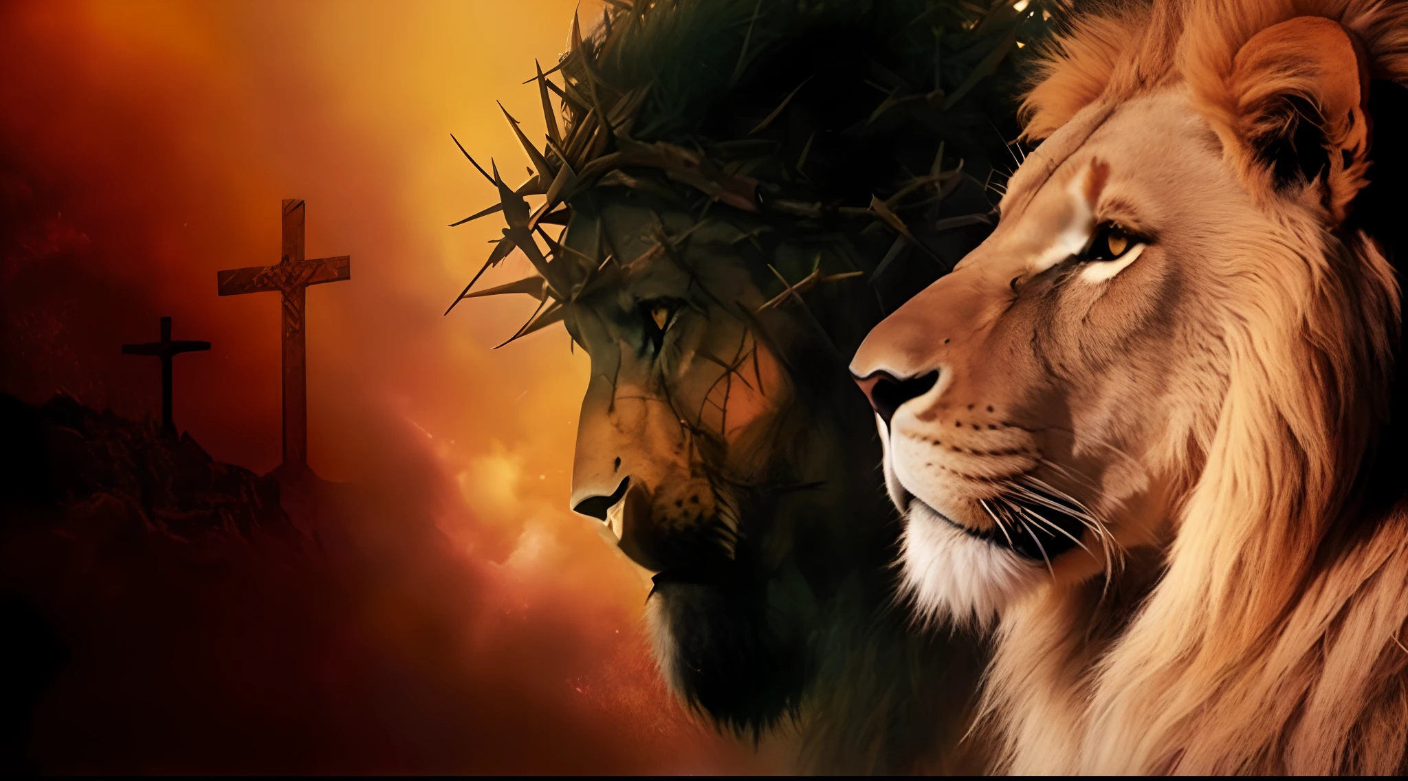 A closeup of a lion with a crown of thorns on its head, Rei dos Reis, the lion king, O Senhor e Salvador, coroa de espinhos, rosto de jesus, No projeto de Eliot Kohek, biblical epic movie, Daniel, Jesus Cristo, Cinebiografia, lions, Senhor da Selva, foto de perfil, Obra-prima 4k, Obra-prima 4K
