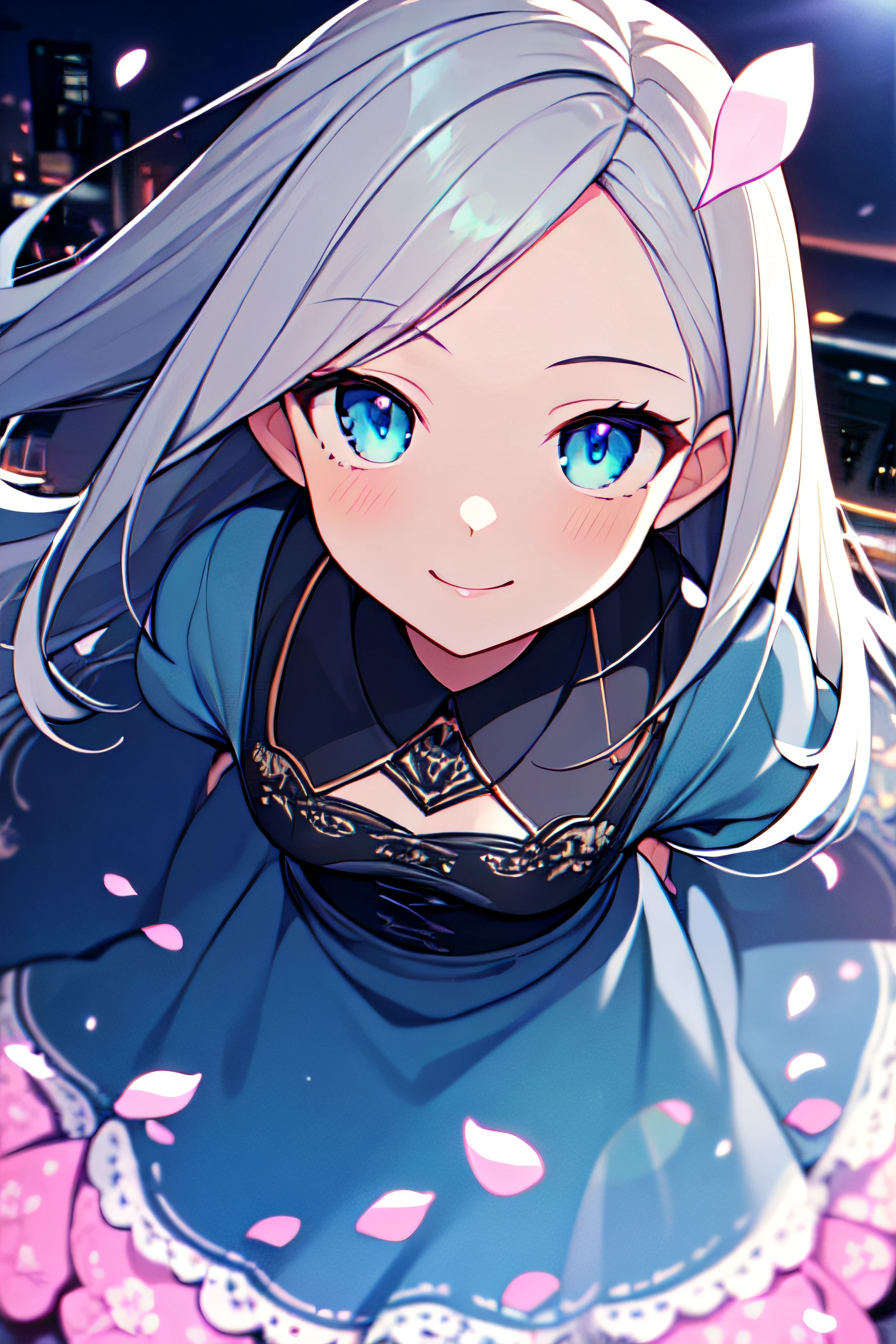 masterpiece, best quality, 1girl, (colorful),(finely detailed beautiful eyes and detailed face), cinematic lighting, bust shot, extremely detailed CG unity 8k wallpaper solo, smile, intricate skirt,((flying petal)),(Flowery meadow) sky, cloudy sky, building, moonlight, moon, night, (dark theme:1.3), light