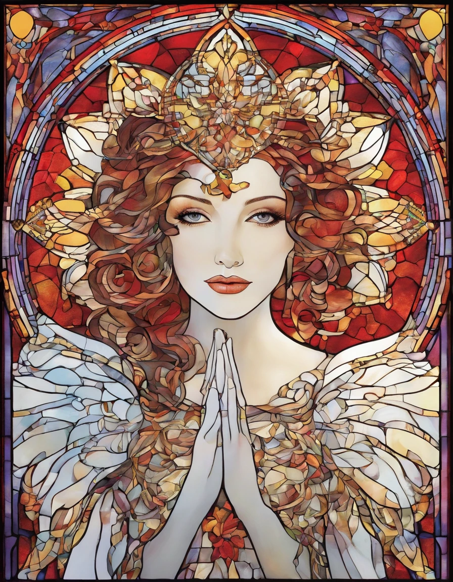 singer in a white half mask, grandes asas de anjo, vestido vermelho longo, innocence