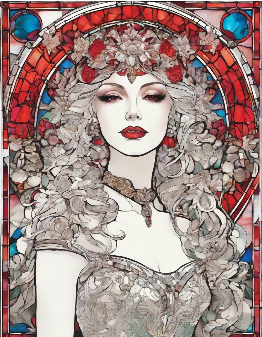singer in a white half mask, grandes asas de anjo, vestido vermelho longo, innocence