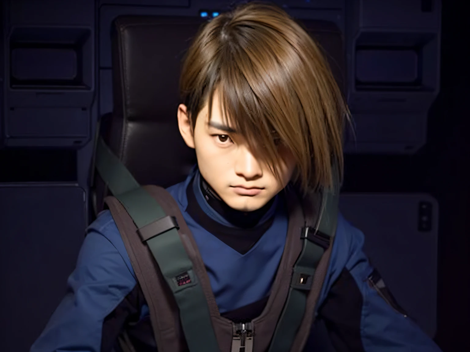 japanese tenage boy brown hair, natural skin look, wearing long hand blue shirt, on space ship cockpit, realistic image, 8k