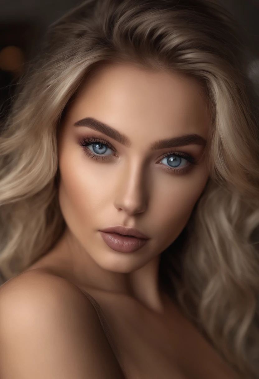 Arafed woman with matching tank top and panties, Sexy girl with brown eyes, portrait sophie mudd, blonde hair and large eyes, at the club, Selfie einer jungen Frau, Augen im Schlafzimmer, Violet Myers, ohne Make-up, Natural makeup, Blick direkt in die Kamera, Gesicht mit Artgram, dezentes Make-up, Stunning full body shot, im Schlafzimmer, Spaltung