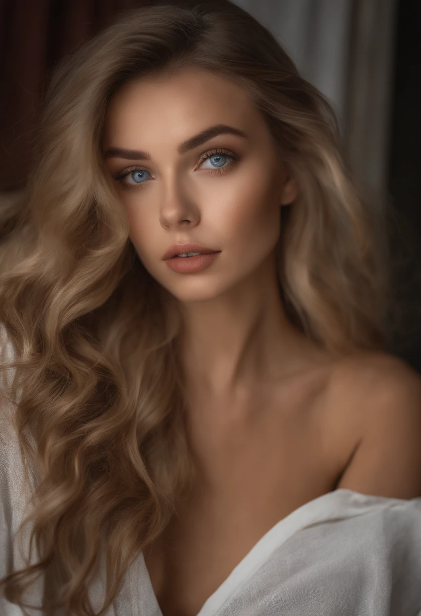 Arafed woman completely , fille sexy aux yeux bleus, ultra realist, Meticulously detailed, Portrait Sophie Mudd, cheveux blonds et grands yeux, selfie of a young woman, Yeux de chambre, Violet Myers, sans maquillage, maquillage naturel, looking straight at camera, Visage avec Artgram, Maquillage subtil, Superbe photo du corps entier dans une chambre, in the bedroom, Medium to large bust, lingerie en soie noire