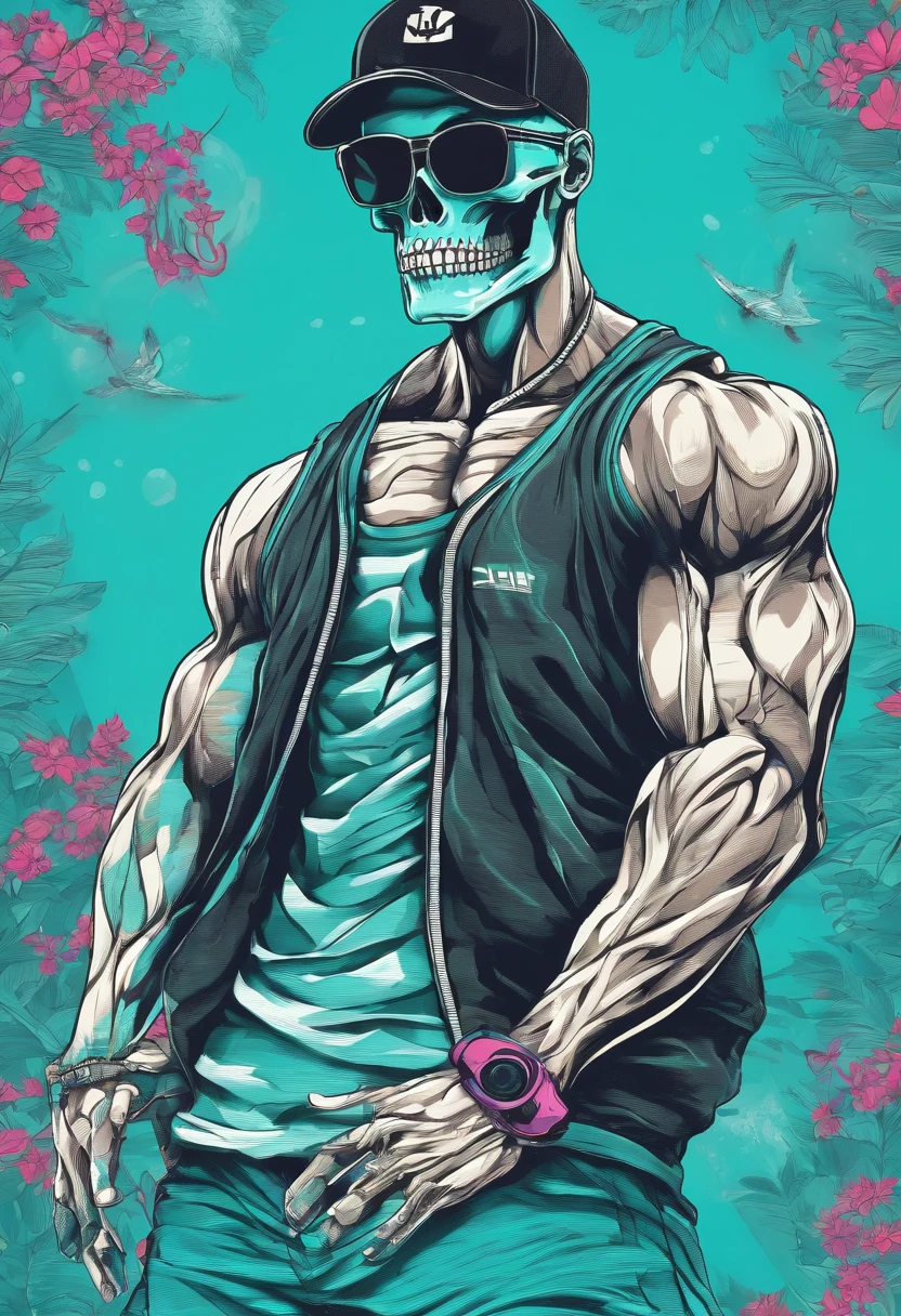 a muscular skeleton wearing a black baseball hat a black Tank top cyan swim shorts cyan flipflops and sunglasses flexing