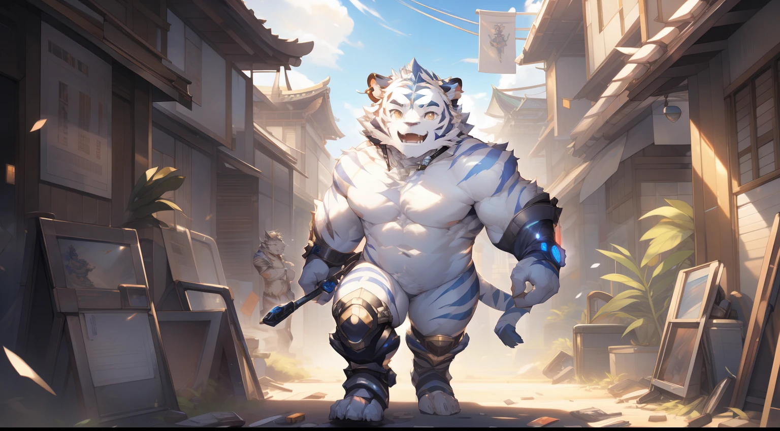 (by null-ghost, by thebigslick, By Darkgem, by Honovy), Kogenta (Onmyoji Oyamaji Temple), high-definition photograph, Perfect anatomy, Anthropomorphic white tiger, male people, 20yr old, Thick eyebrows, Light blue stripes, Strong body, large pecs, (Fully naked body:1.4), mechanical leg, Battery powered, which stands on the street, one arm raised, Bluetooth headset, Mysterious Expression, Golden pupils, Look up at the audience, Clear facial features, Strong, Solo, top views, Full body photo, street Tokyo, Noisy environment, neonlight, Decadent architecture, cyber punk perssonage, Waste soil style,