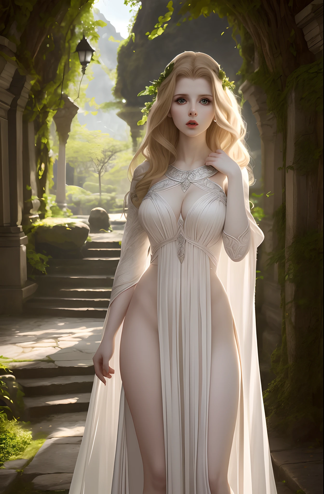 Rachel Hurd-Wood as a Mythological Elf in a white dress posing in a garden, donzela bonita, Amouranth, ethereal beauty, Deusa loira, linda donzela fantasia, orelhas de elfo, muito bonito elven top model, vestido sexy, deusa bonita, soft pale white skin, beautiful elven princess, blonde elvish empress, a stunning young ethereal figure, vestido de fantasia, Tiro gigante impressionante da deusa