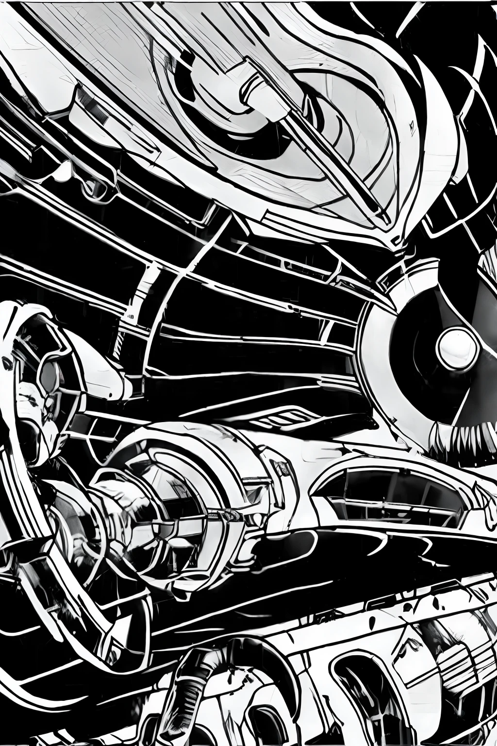 A closeup of a fighter jet with black and white and red stripes, Escuro ( spaceship ), nave estelar futurista, Projeto de naves espaciais, nave espacial scifi, spaceship, alien starship, nave espacial, nave espacial futurista, legendary space ship, hyperspace creature, nave espacial detalhada, Grande nave espacial estranha, planos ascendentes, symmetric!! scientific fiction, Drone Reaver , (estilo revista em quadrinhos :1.2),(manga :1.3), (comicbook)