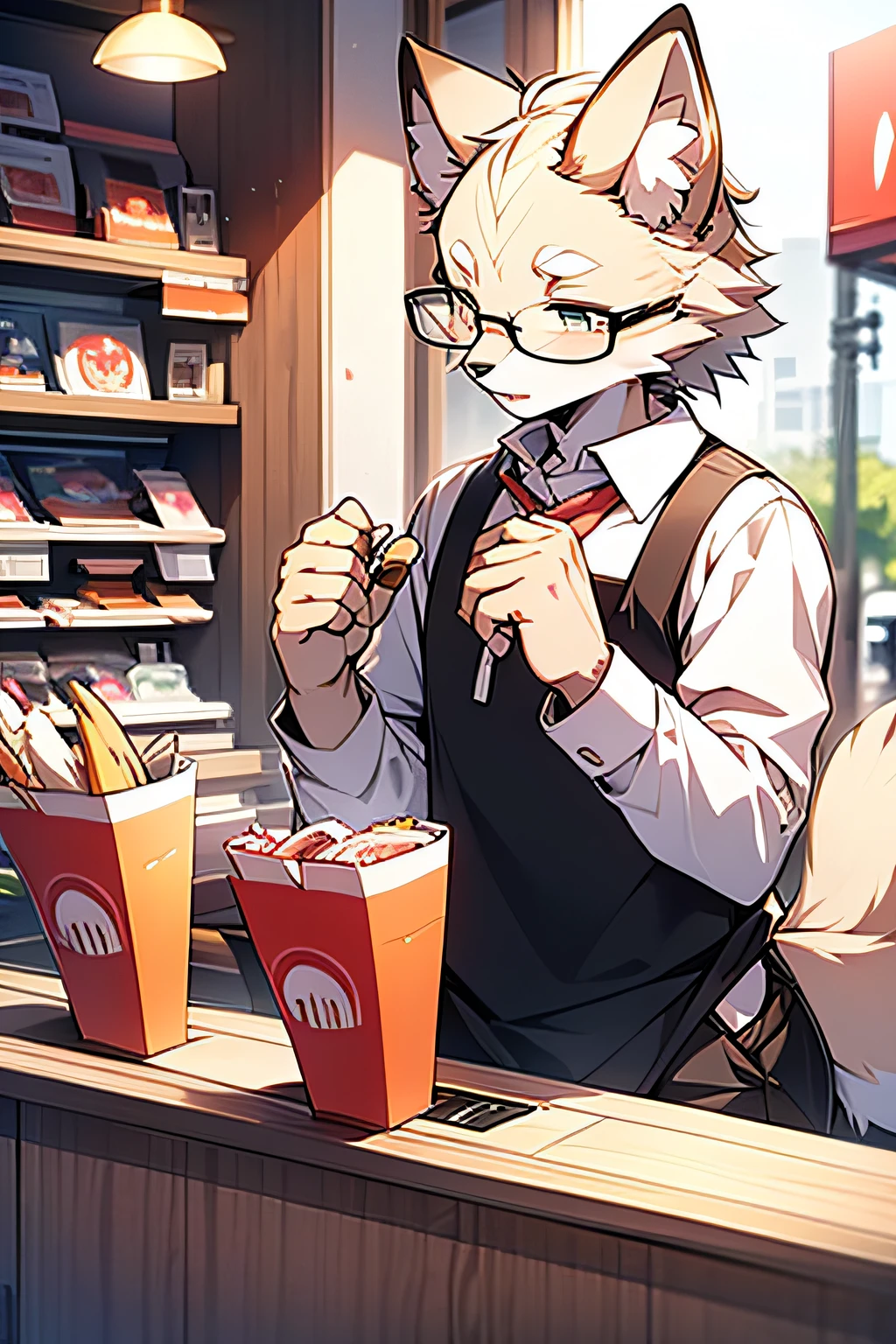 Anime characters gesture with cat ears and glasses, an anthro wolf, White-haired fox, komono, Wolf ears, anthropomorphic wolf, nyaruko-san, white fox anime, an anthro cat, neferpitou, legoshi from beastars, wolf fursona,male people,McDonald's waiter,reception desk,Order food,Scenes,fast food restaurant