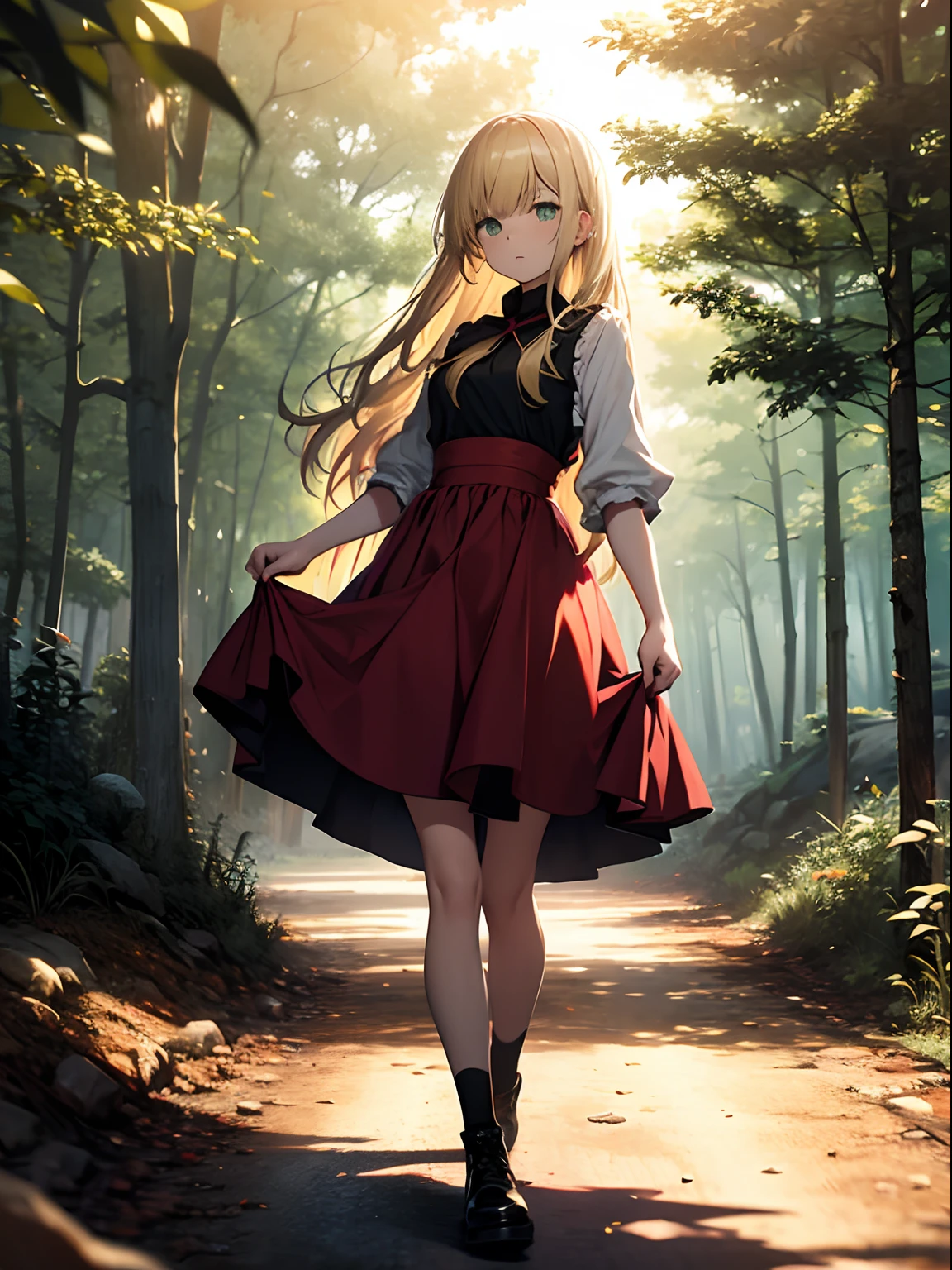 Blonde girl, red dress, short black skirt, green eyes, small breasts, on a dirt road in the middle of the forest