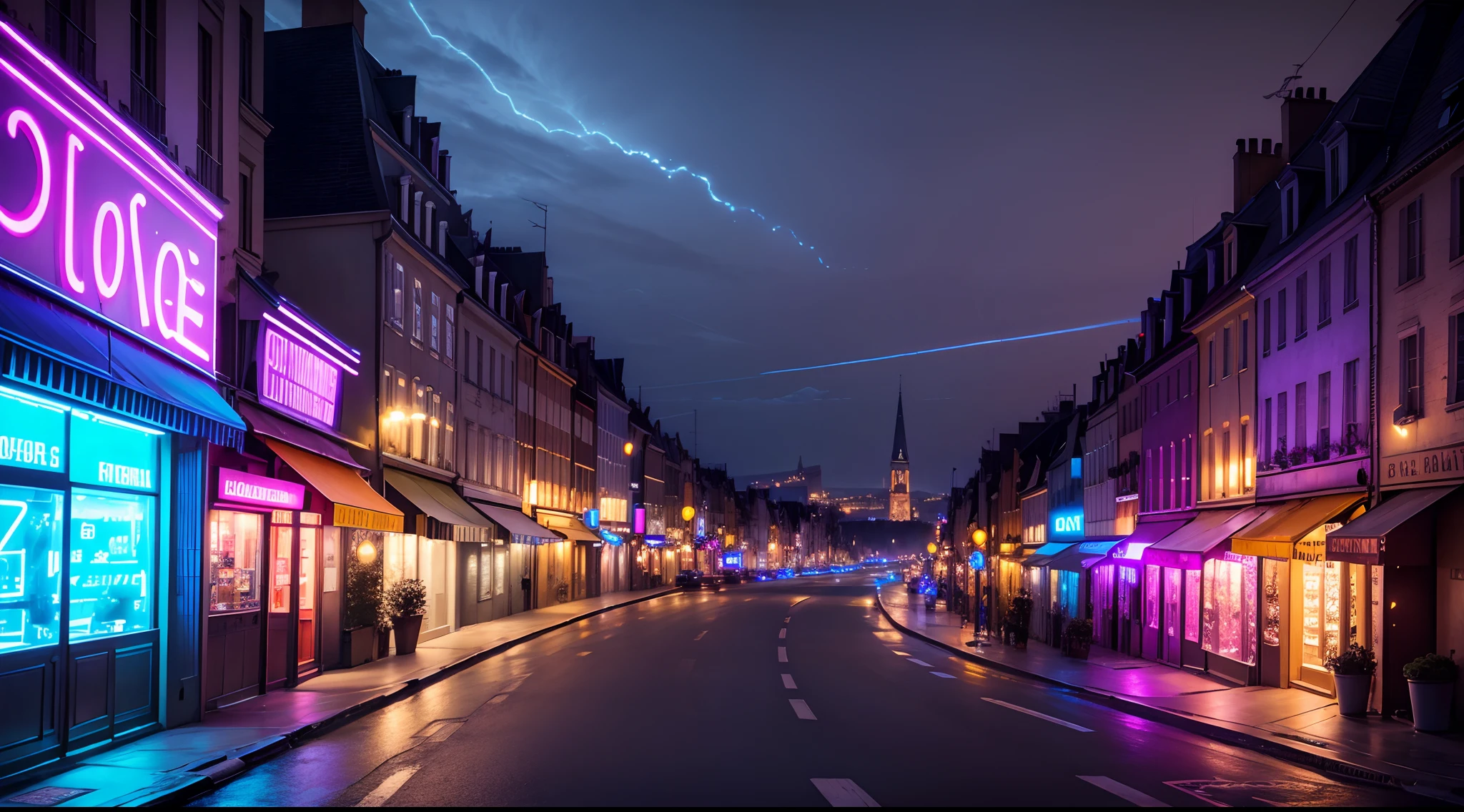Rue de la ville, Grande rue, Detailed, POV, neon light, Ville de nuit, neon light