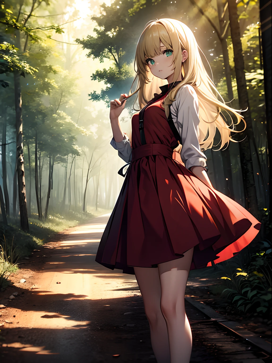 Blonde girl, red dress, short black skirt, green eyes, small breasts, on a dirt road in the middle of the forest
