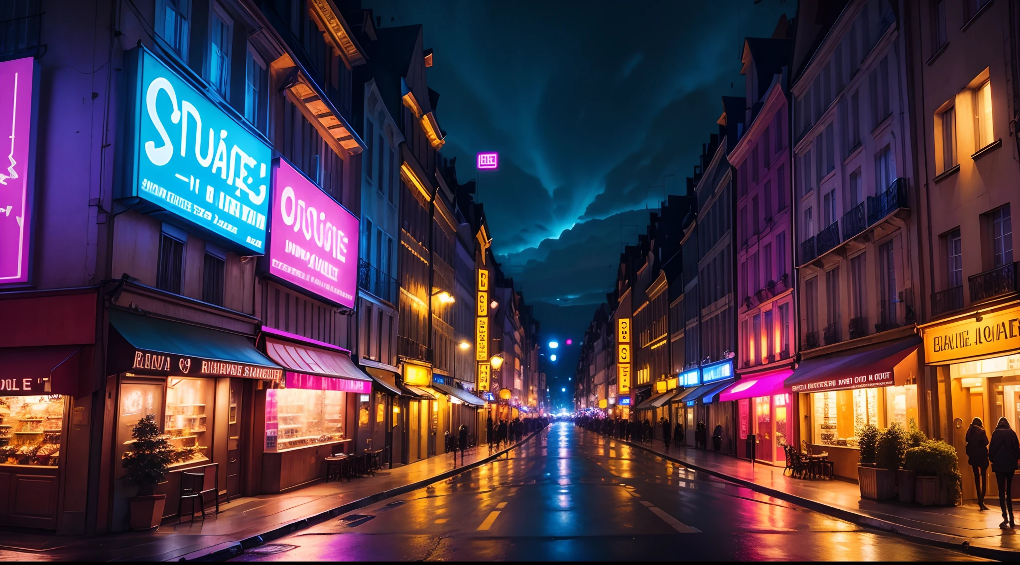 Rue de la ville, Grande rue, Detailed, POV, neon light, Ville de nuit, neon light