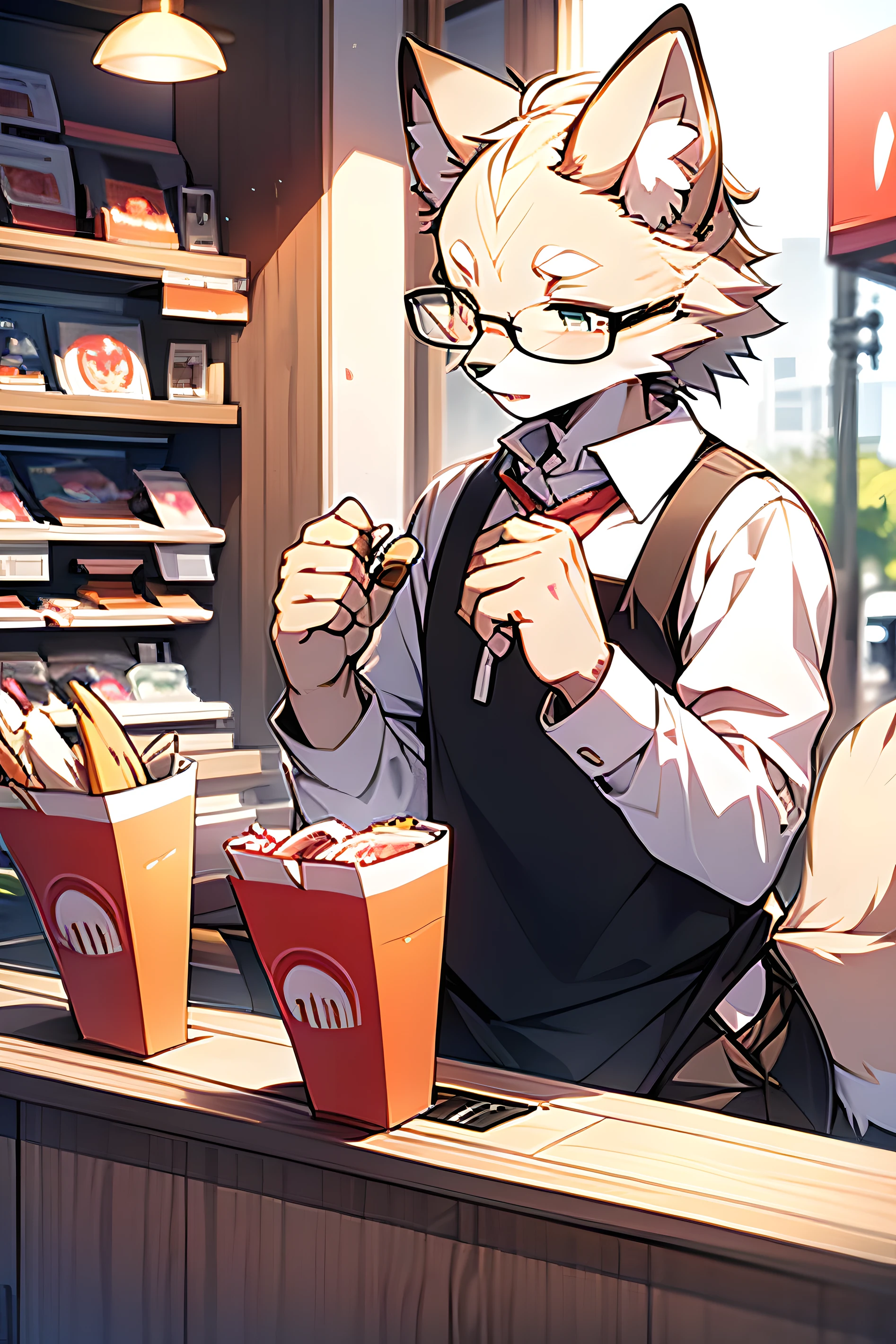 Anime characters gesture with cat ears and glasses, an anthro wolf, White-haired fox, komono, Wolf ears, anthropomorphic wolf, nyaruko-san, white fox anime, an anthro cat, neferpitou, legoshi from beastars, wolf fursona,male people,McDonald's waiter,reception desk,Order food,Scenes,fast food restaurant