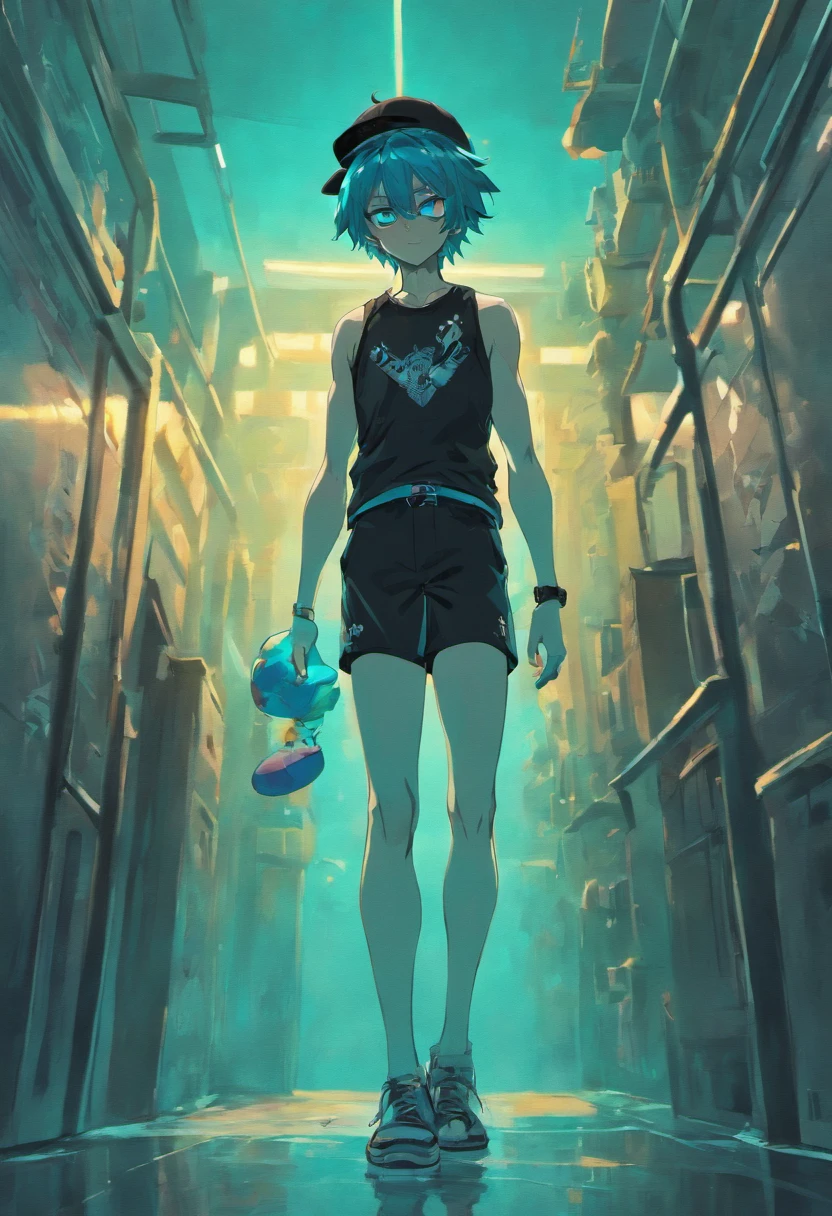 a muscular skeleton wearing a black baseball hat a black Tank top cyan swim shorts cyan flipflops and sunglasses flexing