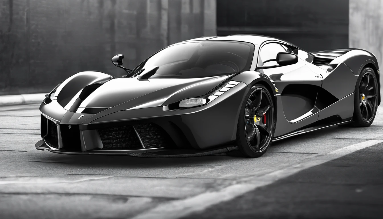 best quality, masterpiece, photo, 4K, photorealistic, highly detailed, La Ferrari, techwear, cyberpunk city, solo, futuristic, black and white, by Akira Toriyama, ((1:3 ratio object:background))