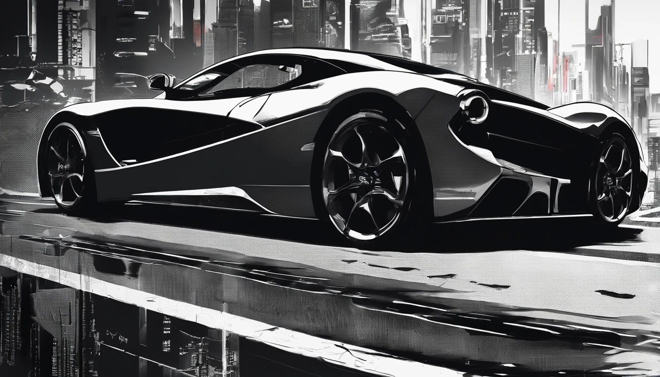 best quality, masterpiece, photo, 4K, photorealistic, highly detailed, La Ferrari, techwear, cyberpunk city, solo, futuristic, black and white, by Akira Toriyama, ((1:3 ratio object:background))