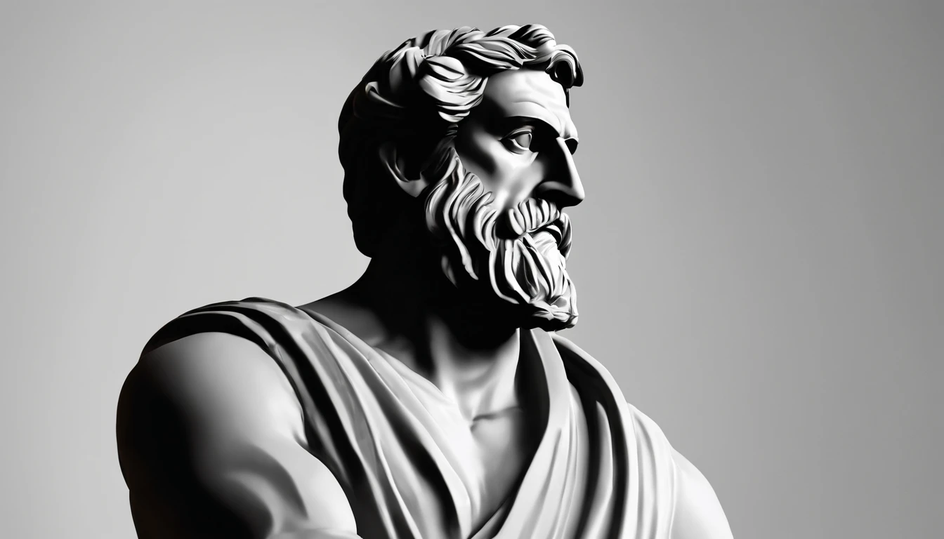 Please create an image of a statue of a muscular Greek philosopher, sitting in a contemplative and pensive pose, with the image background black. The statue must portray the philosopher in a serene and introspective posture, with well-defined muscles and the face expressing depth of thought. Ensure that the sculpture stands out clearly against the dark background, creating a striking contrast that emphasizes the figure of the Greek philosopher. the most realistic possible with the highest image quality available, 8k.