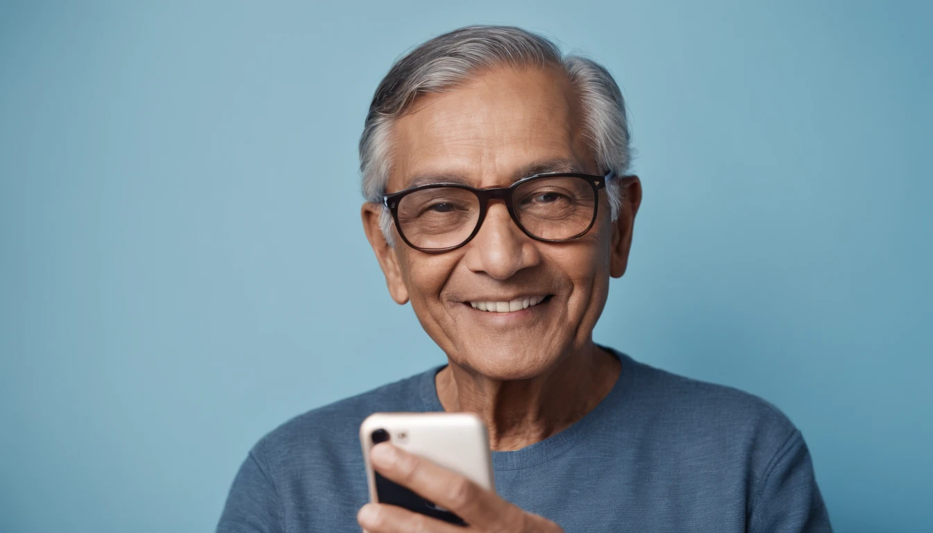 portrait of an elderly brown-skinned man with black hair, smiling, holding a smartphone, wearing round glasses and a blue shirt, on a simple light blue background, depth of field, super detail, photographed with a Leica Camera AG Leica M10, 50 mm lens