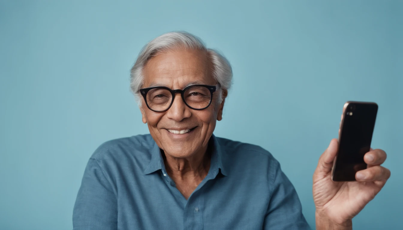 portrait of an elderly brown-skinned man with black hair, smiling, holding a smartphone, wearing round glasses and a blue shirt, on a simple light blue background, depth of field, super detail, photographed with a Leica Camera AG Leica M10, 50 mm lens