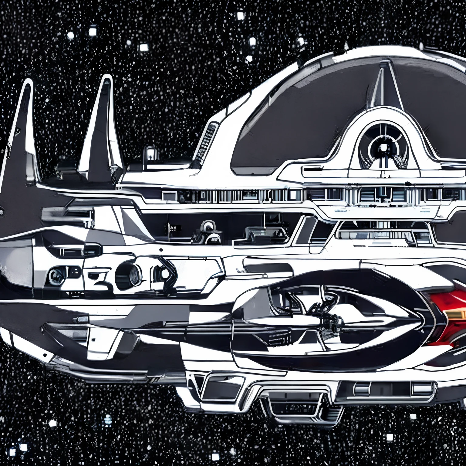 A closeup of a fighter jet with black and white and red stripes, Escuro ( spaceship ), nave estelar futurista, Projeto de naves espaciais, nave espacial scifi, spaceship, alien starship, nave espacial, nave espacial futurista, legendary space ship, hyperspace creature, nave espacial detalhada, Grande nave espacial estranha, planos ascendentes, symmetric!! scientific fiction, Drone Reaver, (matte lighting),(ambiente desfocado),(spaceshooter 2 d), (perfil), (without illumination :1.5) , (estilo revista em quadrinhos :1.2),(manga :1.3)