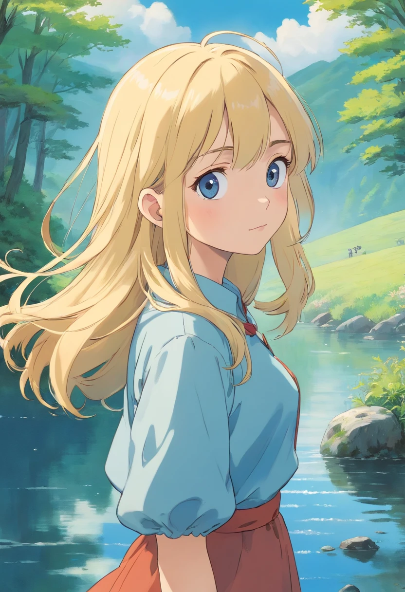 Fille , cheveux blonde , yeux bleu arrondie , qui marche sur un lac en campagne avec un temps nuageux