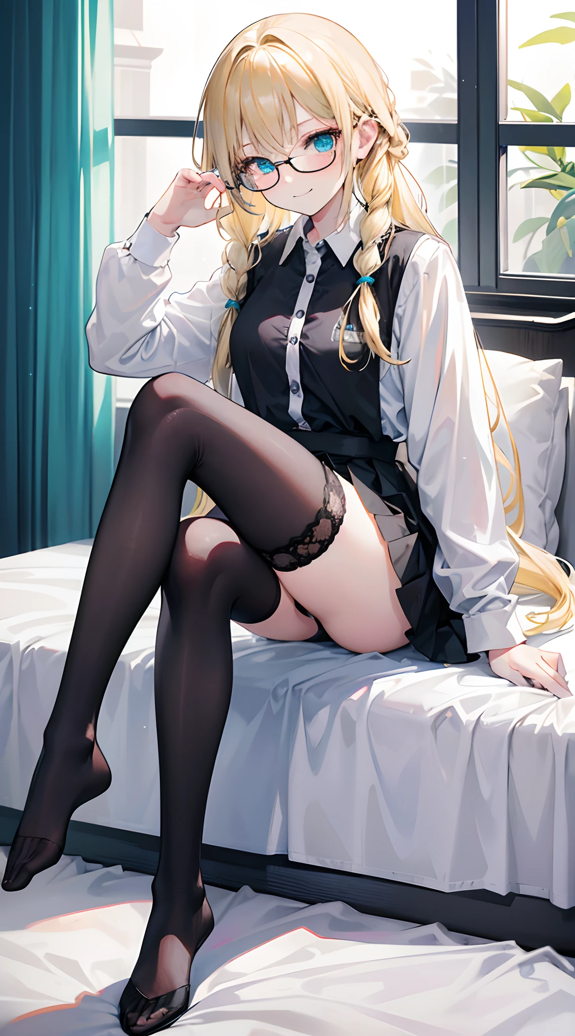 18-year-old blonde girl, Turquoise eyes, long-haired,Braid left and right, Wear glasses, Wear a white long-sleeved shirt.....button up. Black miniskirt, sitting on the bed, Wear black stockings., Show off your legs.....With a slightly smiling face..