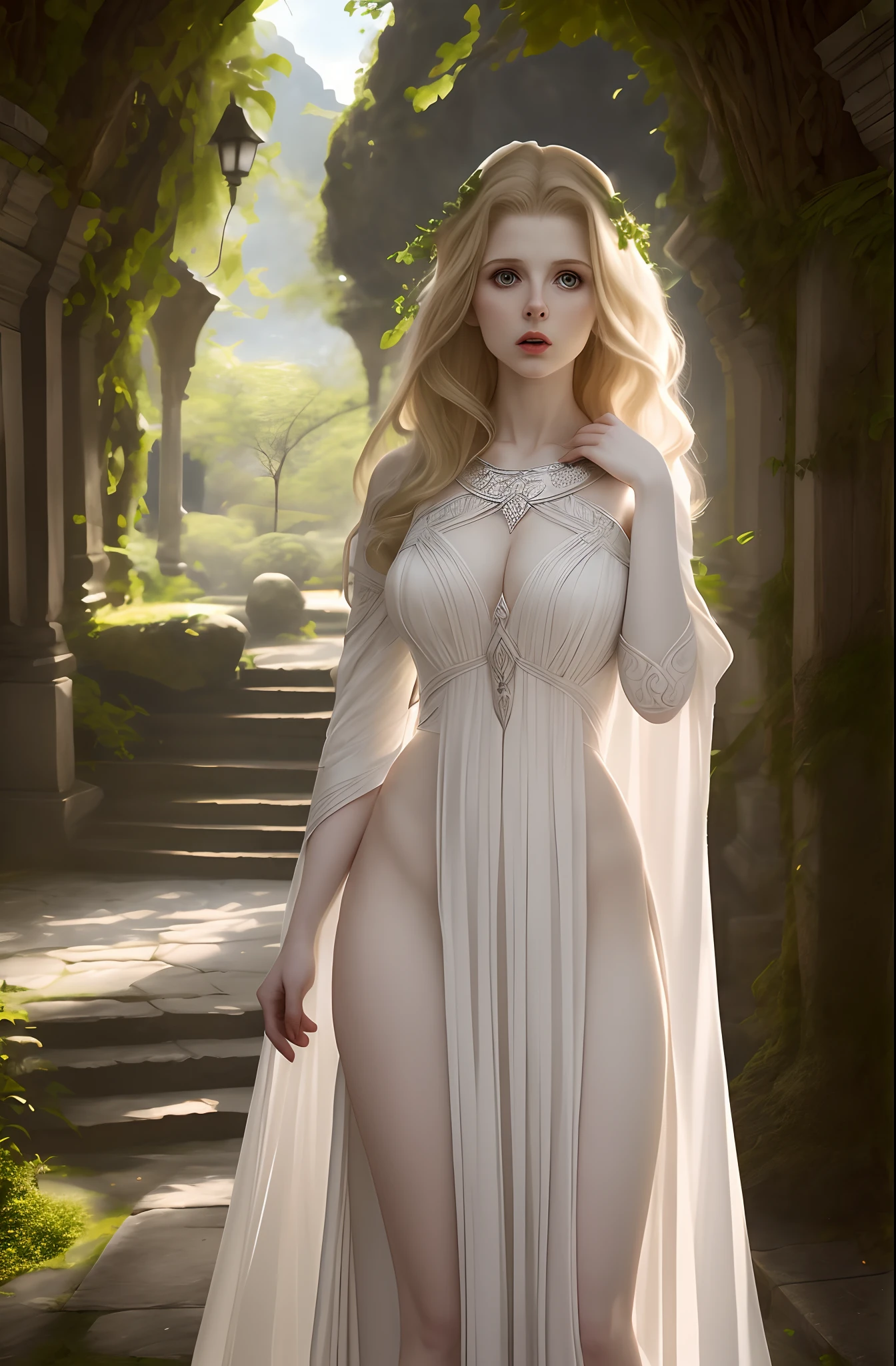 Rachel Hurd-Wood as a Mythological Elf in a white dress posing in a garden, donzela bonita, Amouranth, ethereal beauty, Deusa loira, linda donzela fantasia, orelhas de elfo,  muito bonito elven top model, vestido sexy, deusa bonita, soft pale white skin, beautiful elven princess, blonde elvish empress, a stunning young ethereal figure, vestido de fantasia, Tiro gigante impressionante da deusa