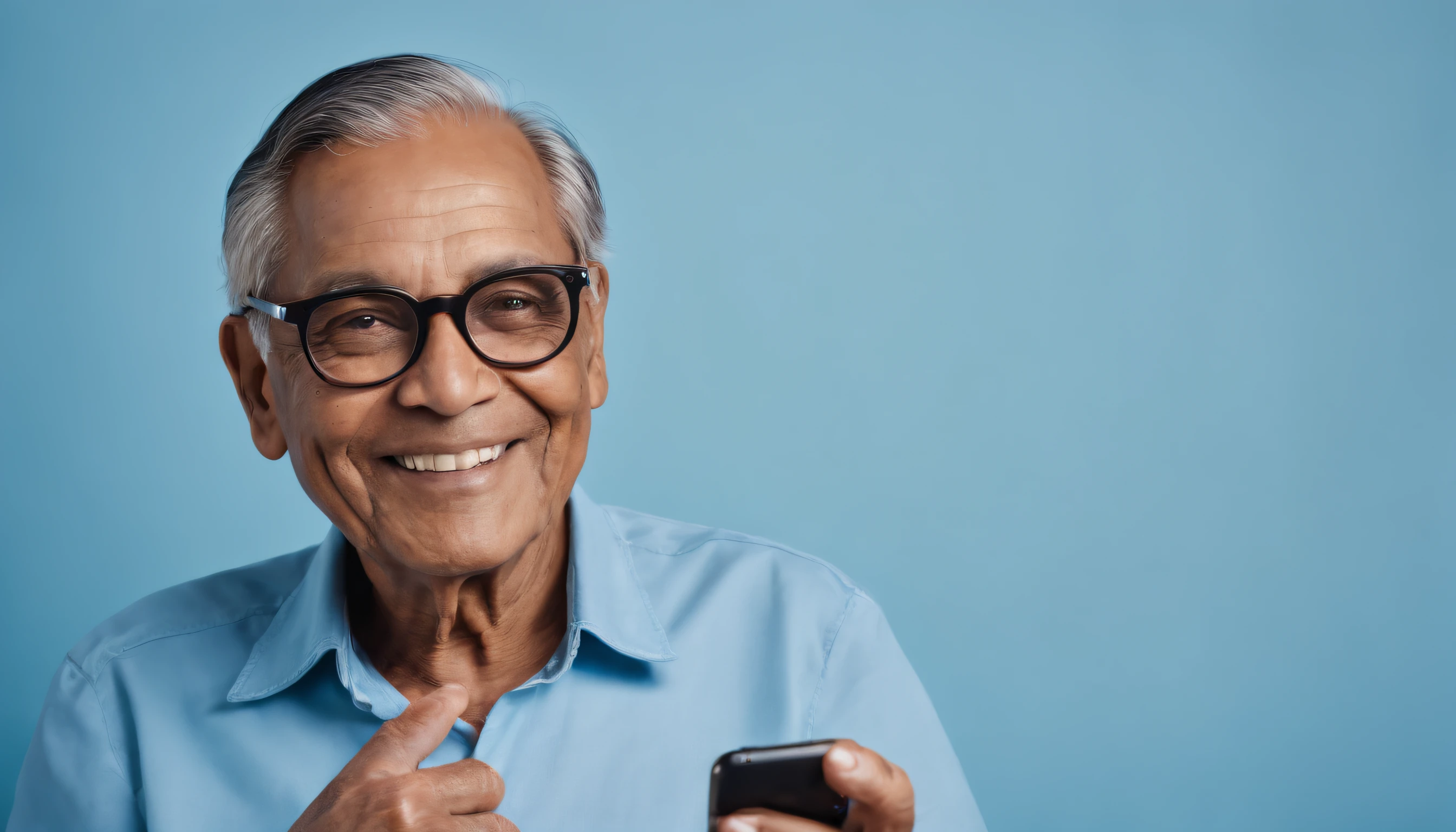 portrait of an elderly brown-skinned man with black hair, smiling, holding a smartphone, wearing round glasses and a blue shirt, on a simple light blue background, depth of field, super detail, photographed with a Leica Camera AG Leica M10, 50 mm lens