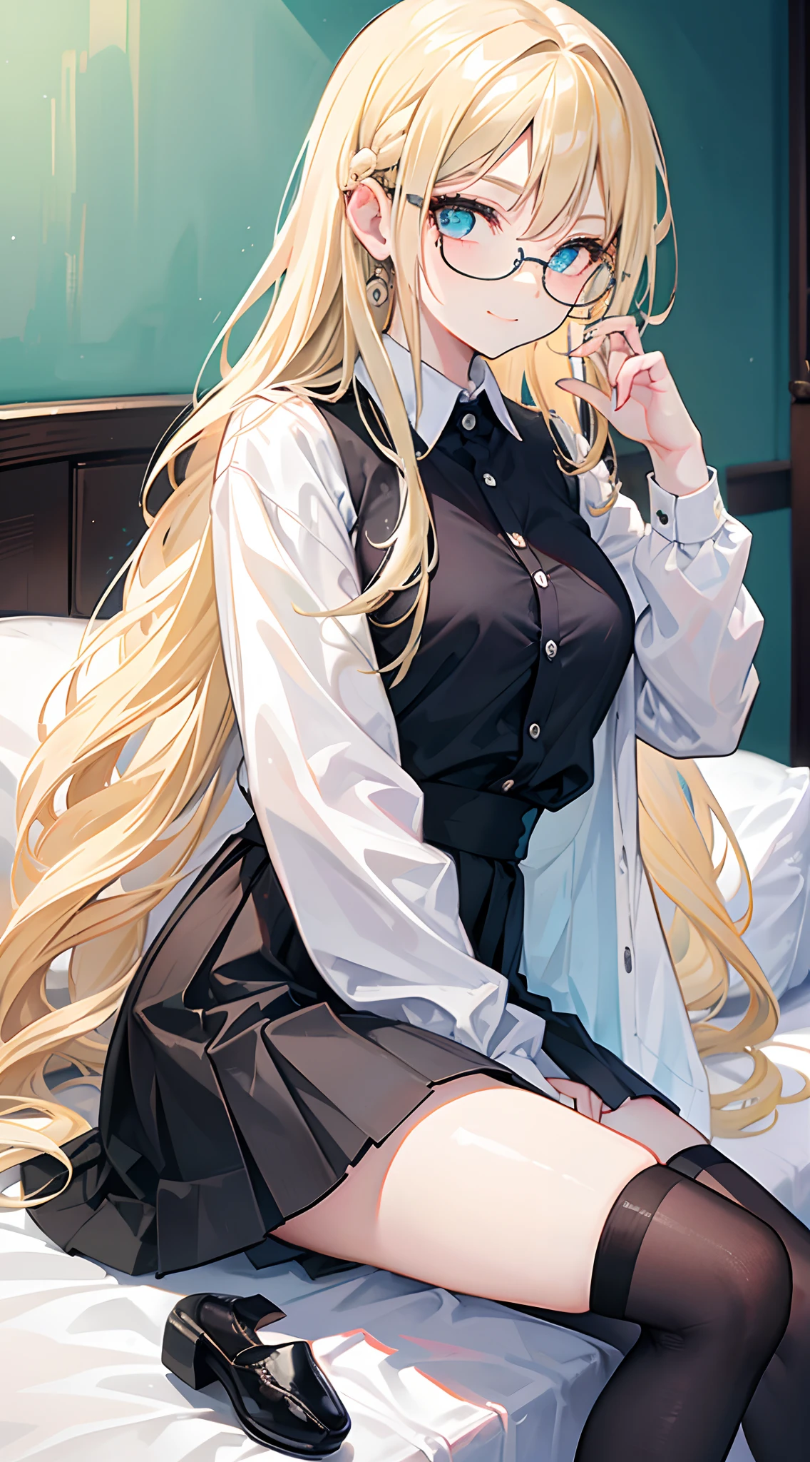 18-year-old blonde girl, Turquoise eyes, long-haired,Braid left and right, Wear glasses, Wear a white long-sleeved shirt.....button up. Black miniskirt, sitting on the bed, Wear black stockings., Show off your legs.....With a slightly smiling face..