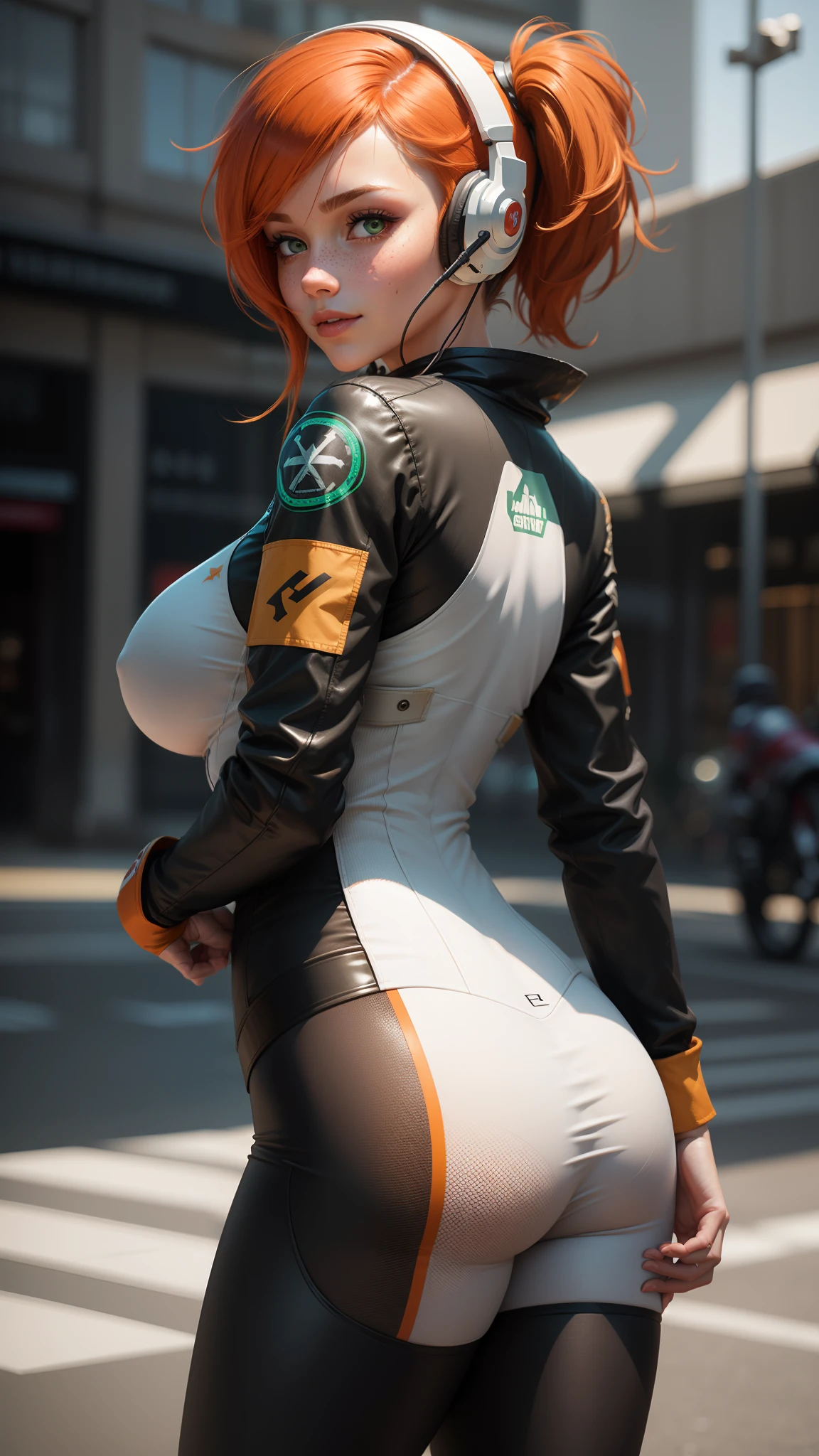 gwen tennyson,1girl,tracer,elsa,rebecca chambers,overwatch,gundam,close up, mecha pilot,speedway,white and red plugsuit,hair pin,pirate corset,white long sleeve lycra top,orange leggings,short hair,cute makeup,green eyes,orange hair with highlights,shy smile,freckles, redhead,beautiful girl,large breasts,ultra detailed,realistic,fantasy art,gaming headset,pilot jacket,racing motorcycles, race flag,from behind,