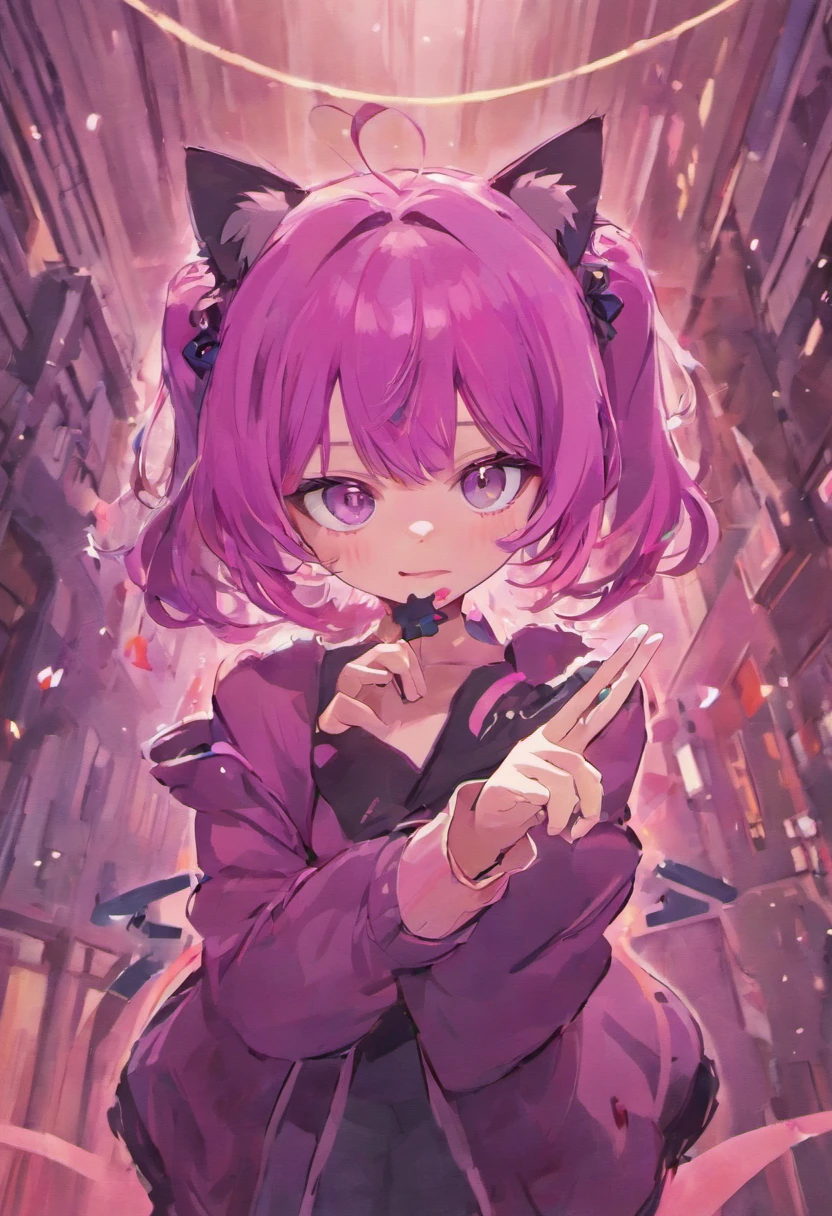 anime girl with purple hair and black cat ears making a peace sign, anime style. 8k, anime moe artstyle, vrchat, live2d virtual youtuber model, anime vibes, hololive, gapmoe yandere, anime visual of a cute girl, anime style like fate/stay night, anime styled 3d, cute anime catgirl