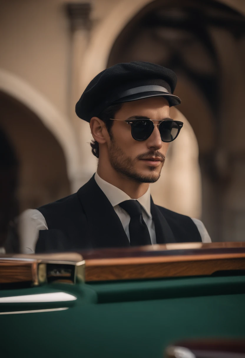 Young man in rich black cap with 4mm length (best quality, alta resolução, obra-prima:1.2), Detailed and realistic representation, cores vivas, Mediterranean lighting, oil painting, encantadora villa italiana, paisagem pitoresca da Toscana, Vinhedos verdes exuberantes, Lago Azurblaues, Ternos elegantes, stylish sunglasses, Luxury mansion, Piscina, Iate, Carro esportivo italiano, Atitude relaxada e autoconfiante, Sorriso confiante, summer atmosphere.