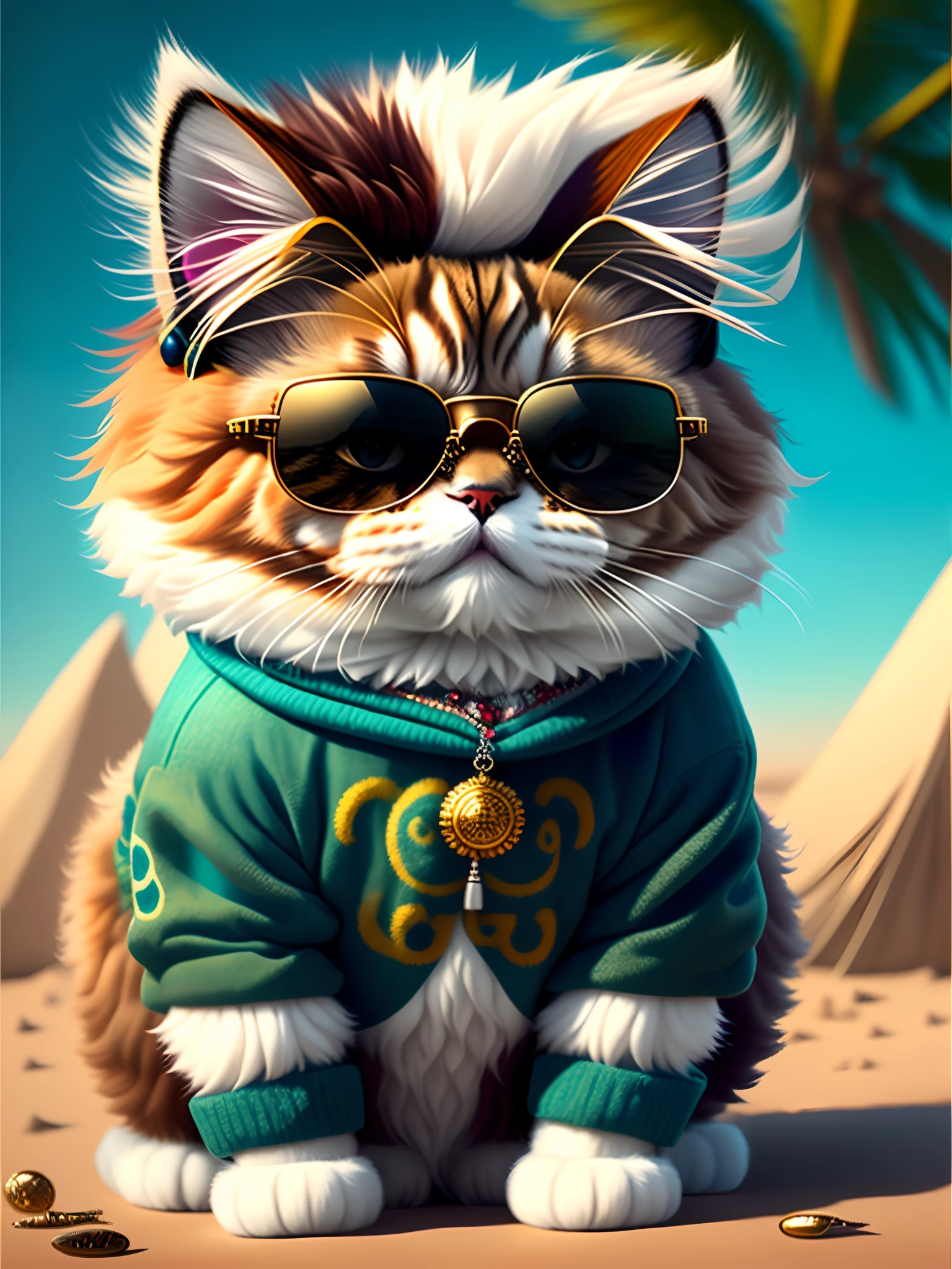 image of fluffy Persian cat with sunglasses, season art trend, dressed in beachwear, hyper realistic detailed rendering, brazilian gang member, urban style, intimidating pose, planet of cats, fashion clothes, samurai urban, meow, west slavic traits, 8 1 5