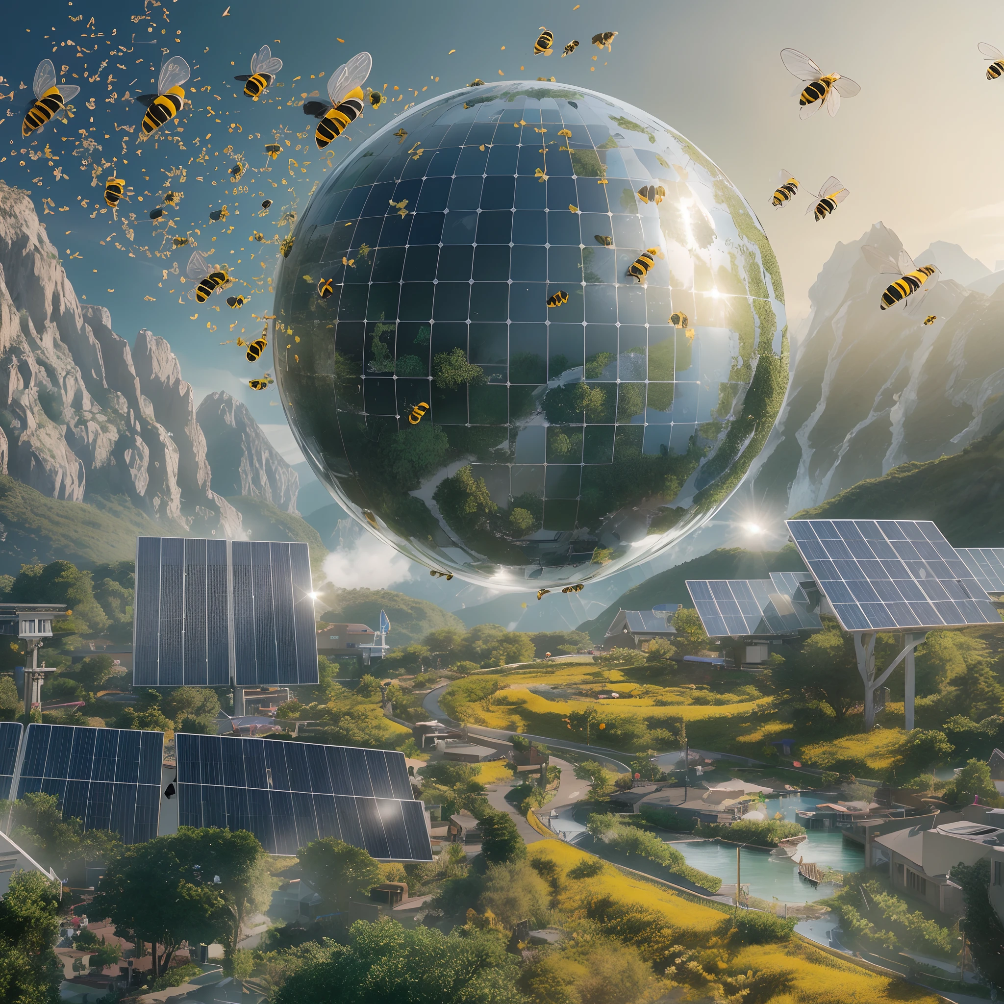 a picture of a green planet with solar panels with a bee flying over it, cleaning future, 8k cleaning future, 16 k cleaning future, cover art, future concept art, near future 2 0 3 0, near future, enviromental portrait, solar energy!!!, environmental concept art, future, solar energy future, official art, solar energy, cover shot, beautiful, sharp, cinematic, easy to convert it in video,16k, 8k , and use any humen in it --auto