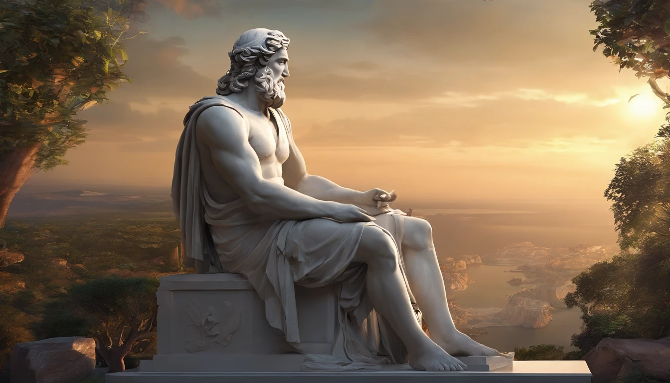 Please create an image of a statue of a muscular Greek philosopher, sitting in a contemplative and pensive pose, with the image background black. The statue must portray the philosopher in a serene and introspective posture, with well-defined muscles and the face expressing depth of thought. Ensure that the sculpture stands out clearly against the dark background, creating a striking contrast that emphasizes the figure of the Greek philosopher. the most realistic possible with the highest image quality available, 8k.