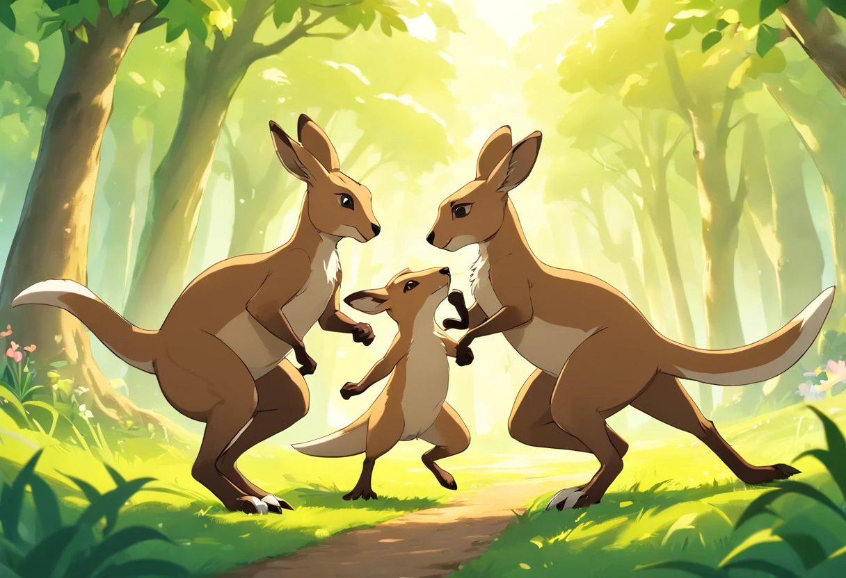 one quokka in a natural setting, and one deer running swiftly through a meadow, with the text 'Q untuk quokka, R untuk rusa yang berlari cepat' creatively displayed. The quokka is smiling happily, and the deer is shown in mid-run. inspired by Goro Fujita, promotional art, illustration for children, by Choi Buk, by Murakami, 2d digital illustratio