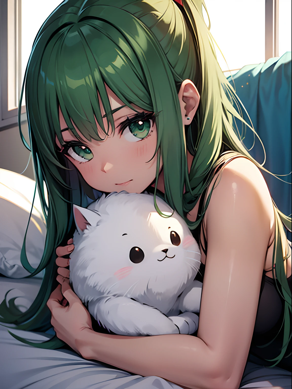 ((A Pretty girl with green hair and blue eyes lying on the bed)), ((wearing white hoodie)), ((cat ears)), Baby face, ((master piece, top-quality, ultra-definition, high resolution)), anime girl, ((ultra-detailed illust:1.2)), only one person, bangs, hair between eye, beautiful hair, Shiny eyes, Medium breasts, thighs, bare foots, Big smile, opened mouth, in the bedroom