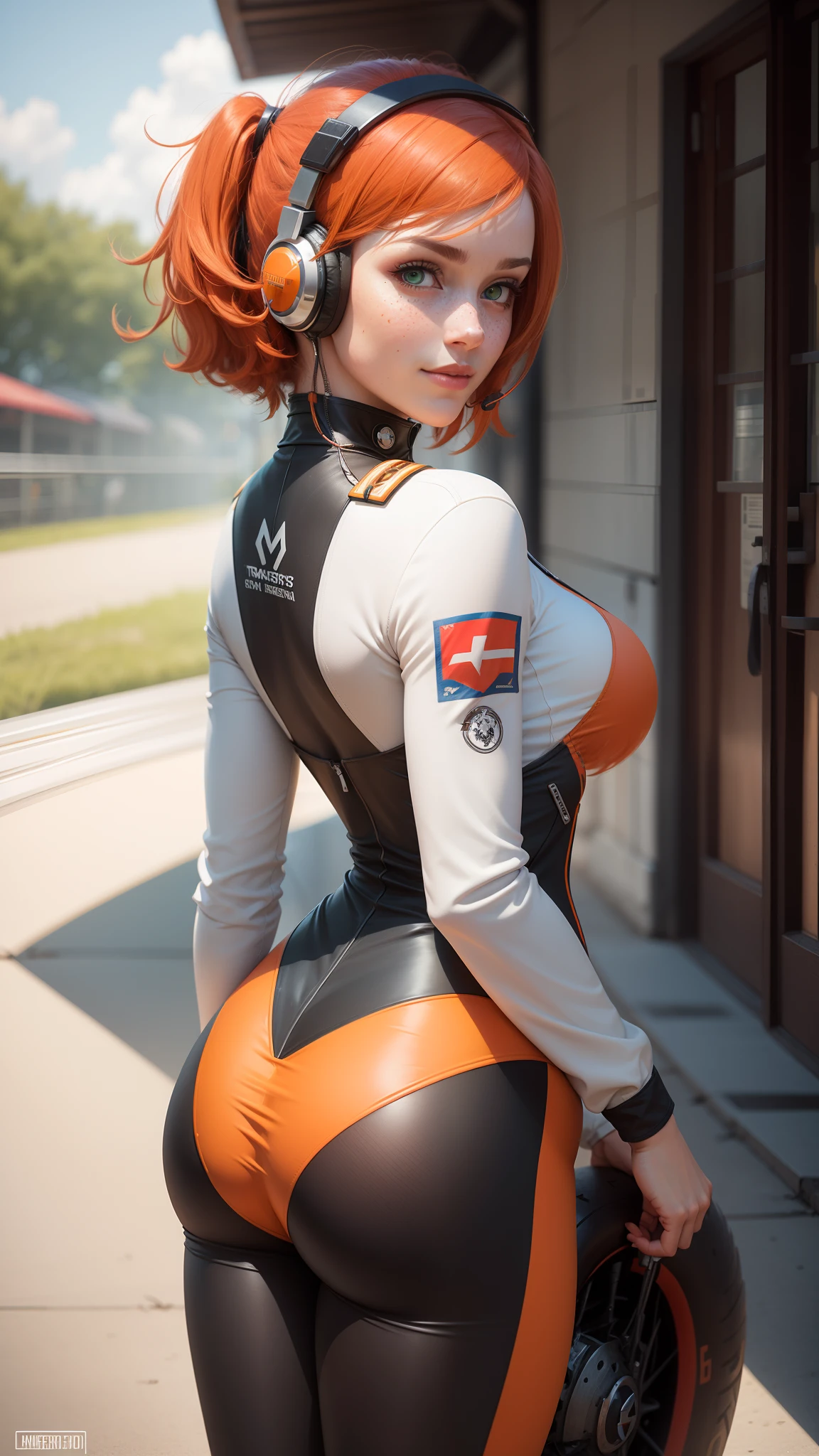 gwen tennyson,1girl,tracer,elsa,rebecca chambers,overwatch,gundam,close up, mecha pilot,racetrack,white and red plugsuit,hair pin,pirate corset,white long sleeve lycra top,orange leggings,short hair,cute makeup,green eyes,orange hair with highlights,shy smile,freckles, redhead,beautiful girl,large breasts,ultra detailed,realistic,fantasy art,gaming headset,pilot jacket,racing motorcycle, race flag,from behind,