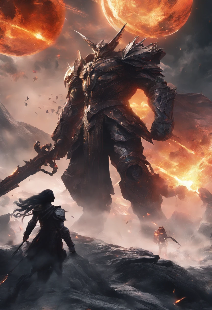 ( (8k:1.27), top quality, masterpiece, super high resolution:1.2) Tell the story of this epic battle from the perspective of a witness or a character within the scene. Explore the emotions, motivations, and consequences of this mythic clash. How does the artwork capture the essence of this battle as a symbol of cosmic forces in turmoil?