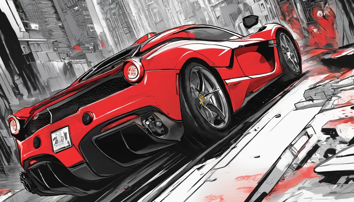 best quality, masterpiece, photo, 4K, photorealistic, highly detailed, La Ferrari ((red color)), techwear, cyberpunk city, solo, futuristic, black and white background, by Rob Liefeld, ((1:3 ratio object:background))