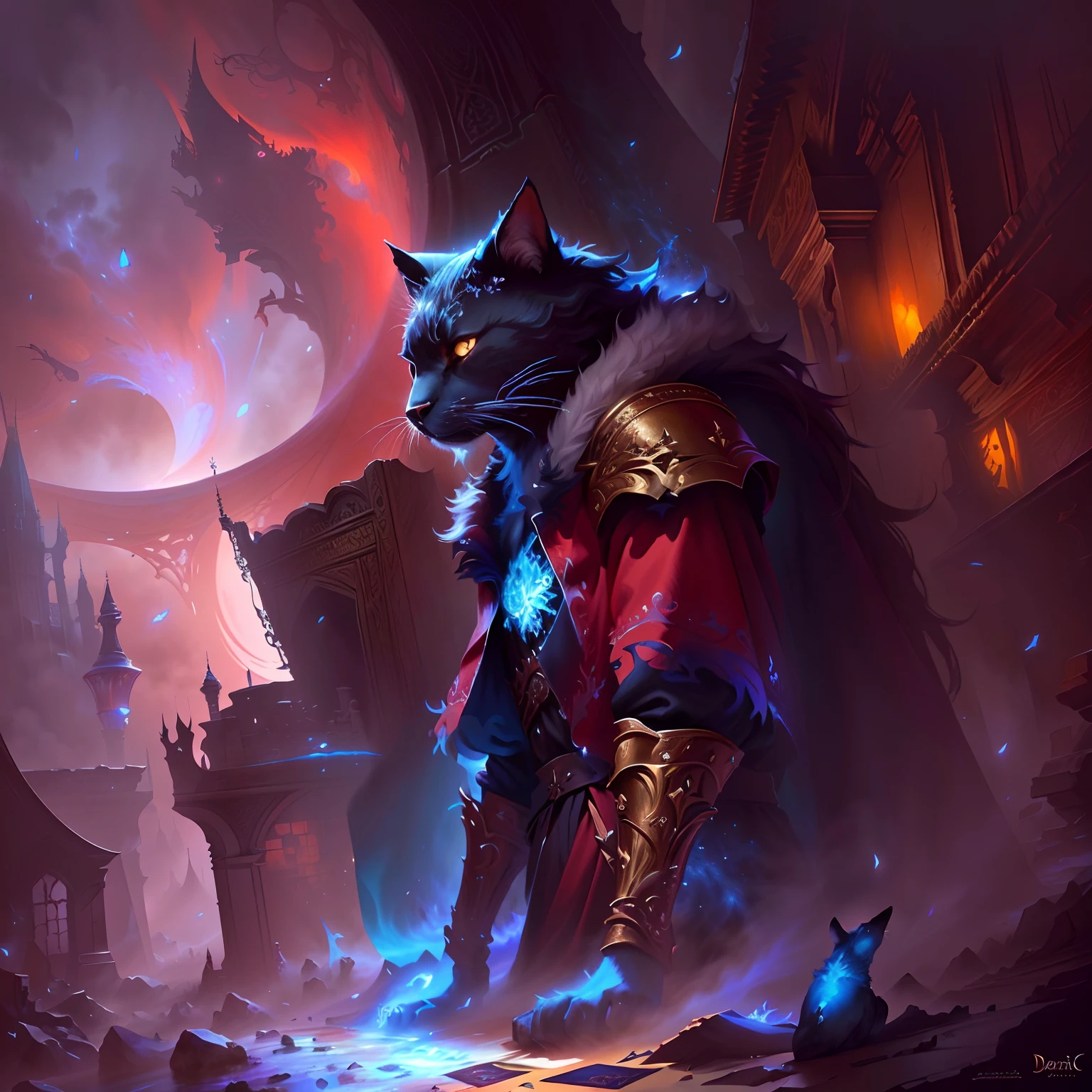 imagem arafed de um gato vestido com uma roupa medieval, arte de estilo fantasia escura, arte de fantasia peluda, Arte do Jogo de Cartas de Fantasia, O Deus das Trevas dos Gatos, arte de fantasia digital 2d detalhada, epic fantasy art, Epic fantasy art style, no estilo da arte da fantasia sombria, arte de fantasia de alta qualidade, arte estilo fantasia, Epic Fantasy Digital Art Style