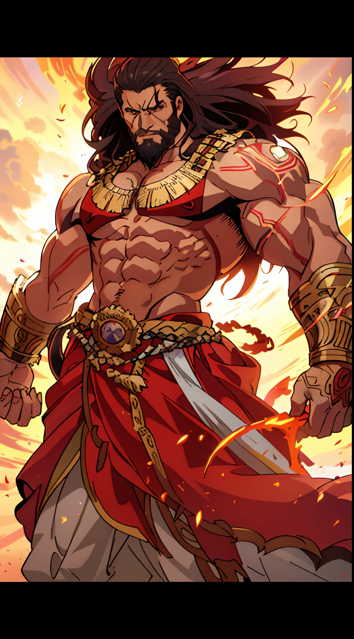 (( ravan from ramayan vs. Cosmic Bull))) best quality, ultra-high resolution, 4K detailed CG, masterpiece, Persian God, God of light,Cosmic Bull Persian clothing, Persian mythology, aesthetics, ((Fighting with the Bull)), Beautiful image, centered on the screen, full body